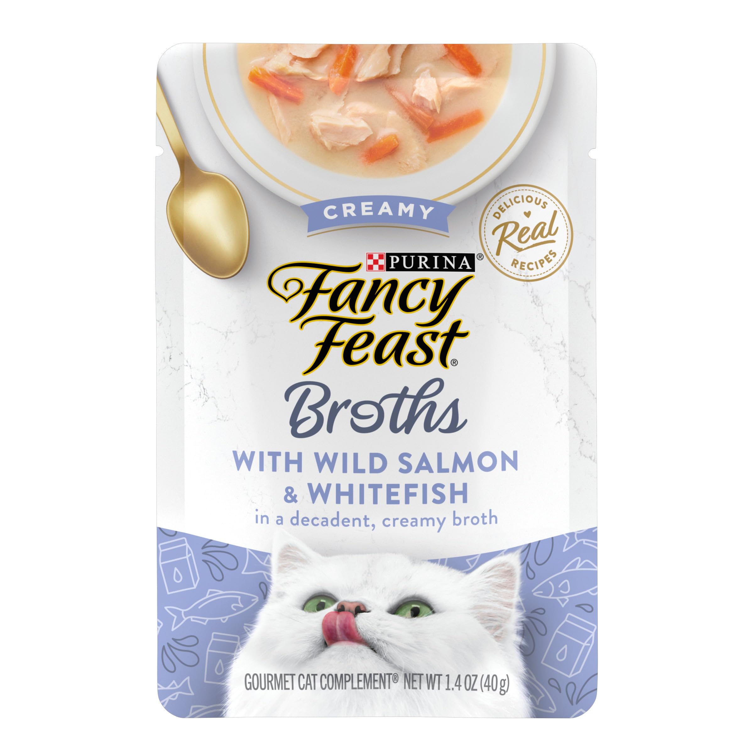 غذای مرطوب تک مولفه ای گربه‌های پراکنده Purina Fancy Feast، کمپلیمنت، آب‌نماها کرمی با ماهی وحشی سالمون و ماهی سفید - (16) پاکت 1.4 اونسی