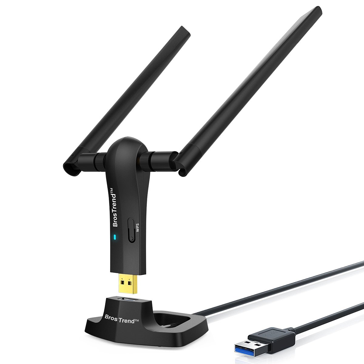 آداپتور WiFi USB با برد بلند 1200 مگابیت بر ثانیه BrosTrend برای رایانه شخصی دسکتاپ و لپ‌تاپ با ویندوز ۱۱/۱۰/۸.۱/۸/۷، آداپتور بی‌سیم USB دو بانده 2.4 گیگاهرتز 300 مگابیت بر ثانیه + 5 گیگاهرتز 867 مگابیت بر ثانیه، دو آنتن با گین بالای 5dBi، کریڈل USB 3.0