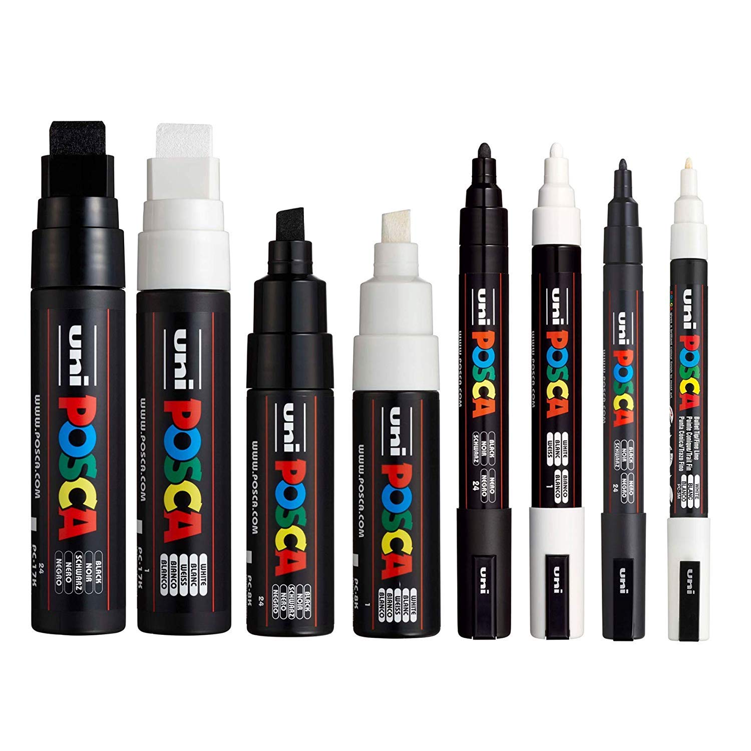 مجموعه POSCA شامل ۸ خودکار (PC-17K, PC-8K, PC-5M, PC-3M) مشکی و سفید متوسط تا بزرگ