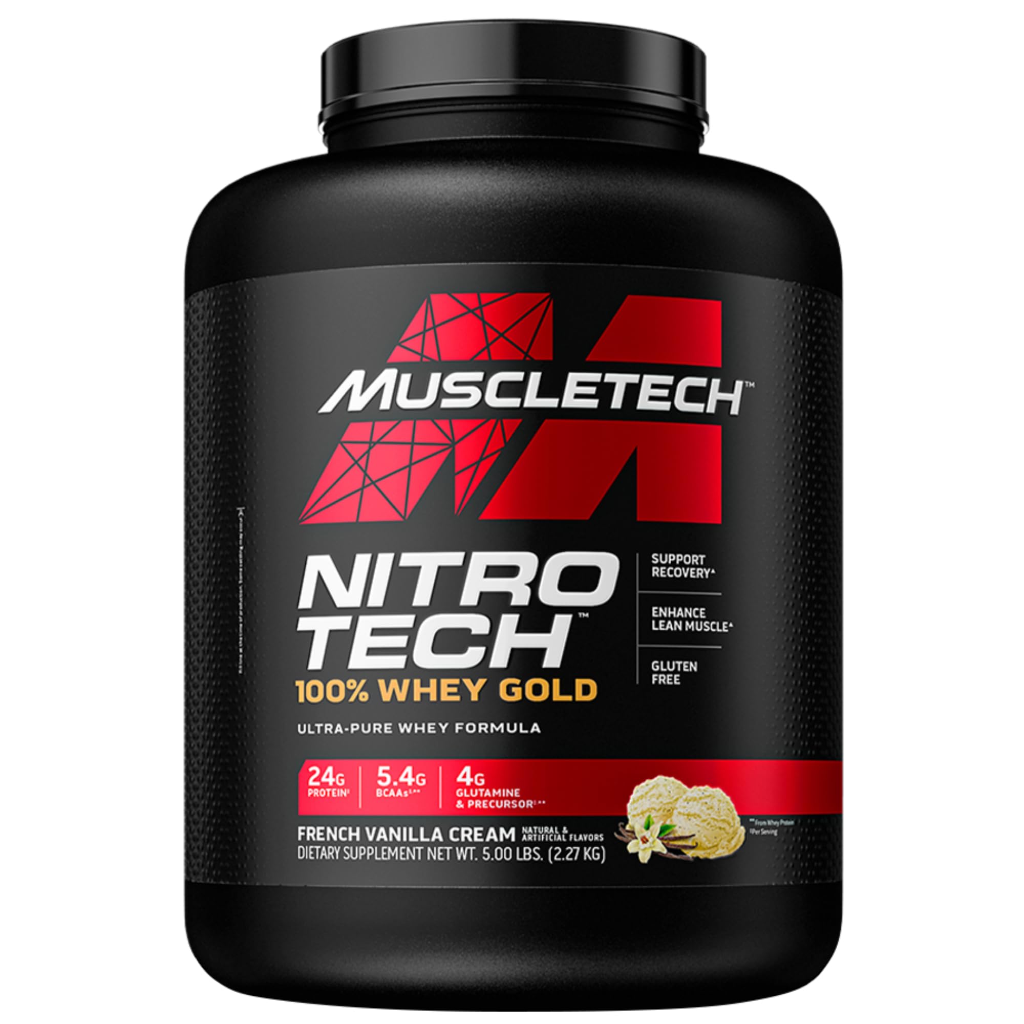 پودر پروتئین وی پروتئین و پپتیدهای بسیار خالص Muscletech Nitro-Tech 100% Whey Gold برای بازیابی سریع و تقویت ساختار عضلات، نوشیدنی بدون گلوتن برای مردان و زنان، وانیل کرم فرانسوی 5.00 پوند 5 پوند