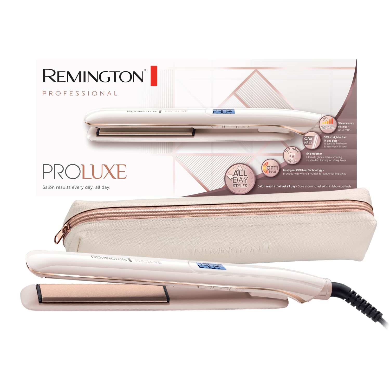 صاف کننده موهای سرامیکی Remington Proluxe با تنظیم دمای پایین Pro+، رزگلد - S9100