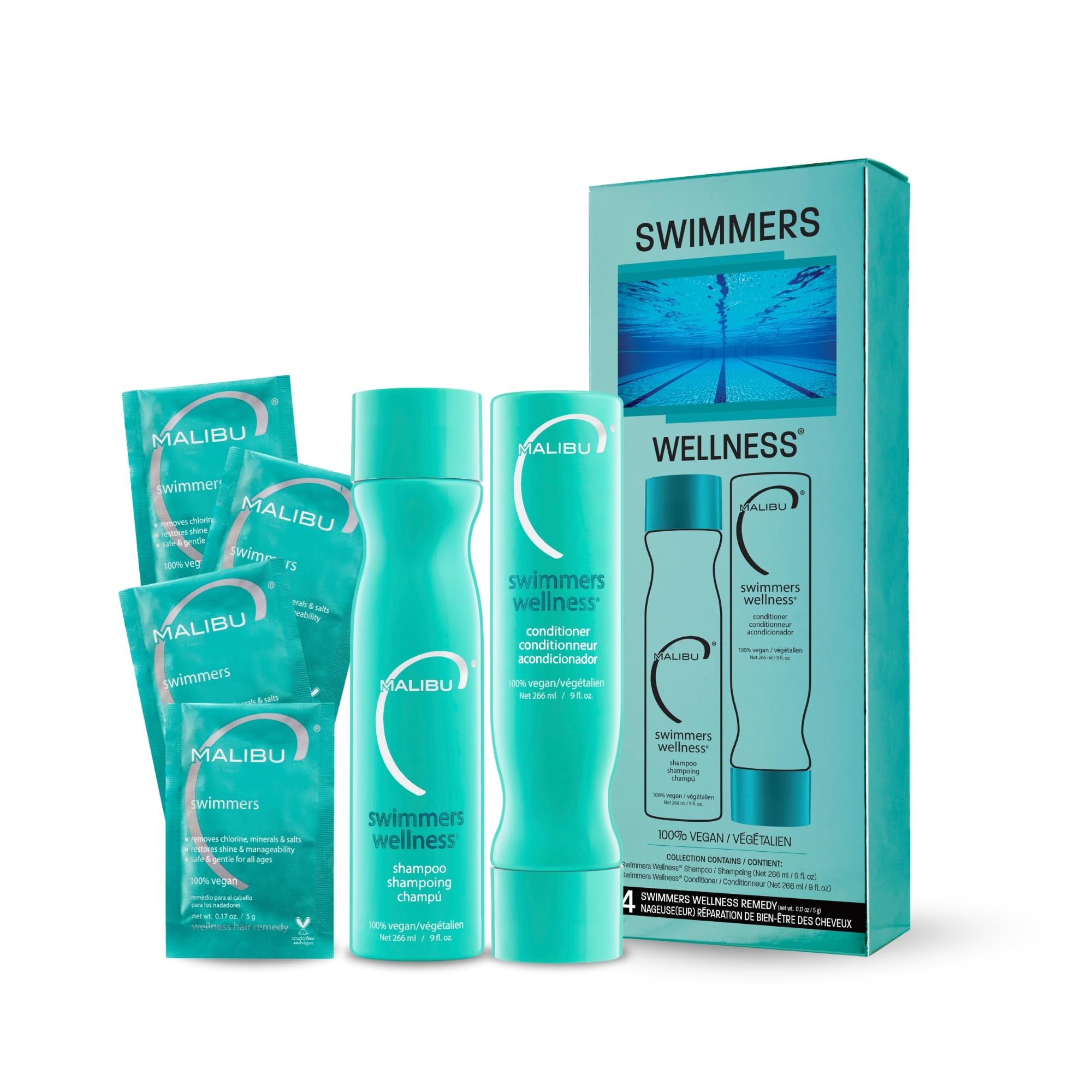 مجموعه محصولات مراقبت از موی Malibu C Swimmers Wellness شامل شامپو، کاندیشنر و درمان موی حرفه‌ای برای دسترسی به درمان موی شناگران زنان و مردان 1 مجموعه