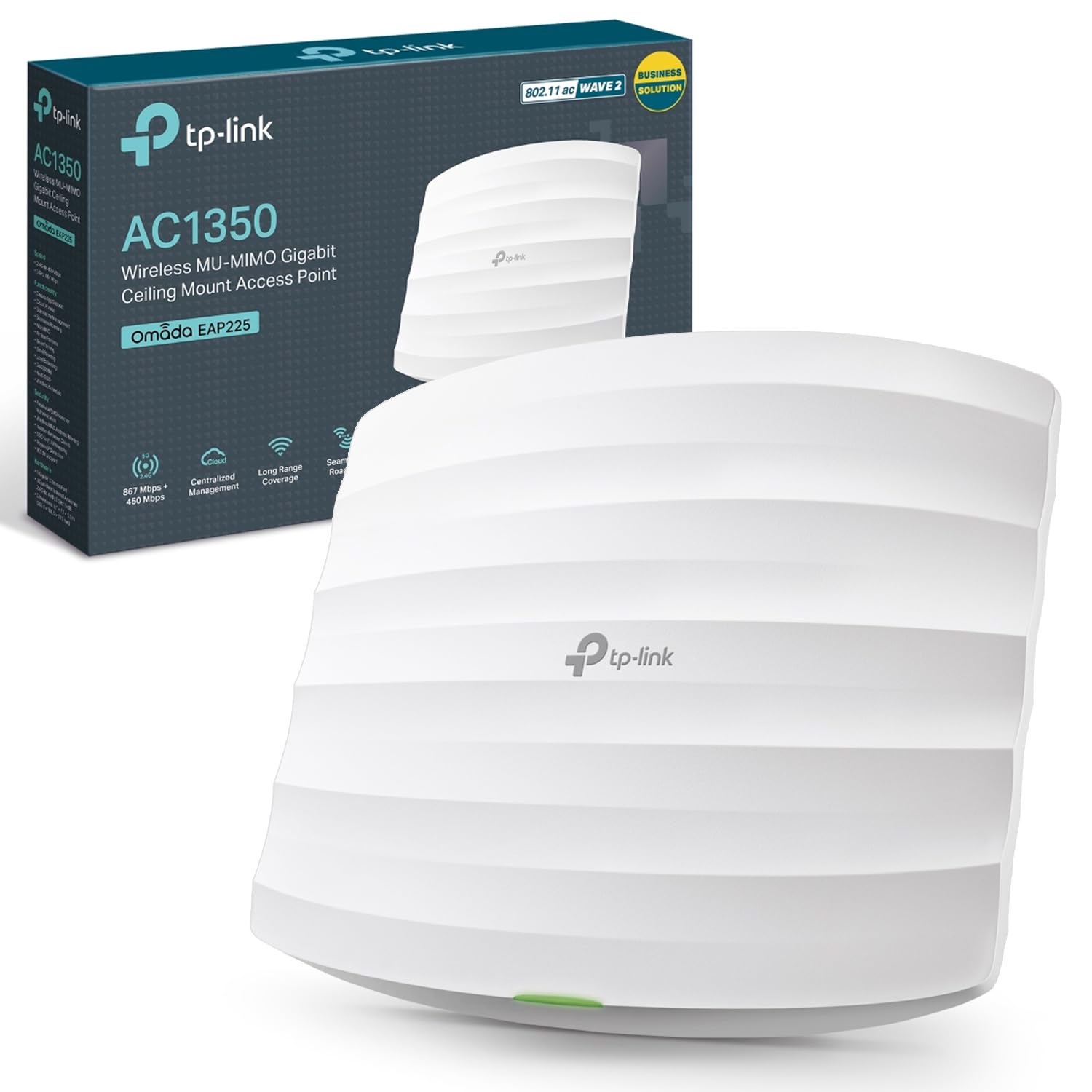 نقطه دسترسی بی‌سیم TP-Link AC1350، وای-فای دو بانده با MU-MIMO، 1 پورت اترنت گیگابیتی با پشتیبانی از 802.3af/at/24V PoE غیرفعال، پشتیبانی از چند SSID، نصب آسان بر روی دیوار یا سقف (EAP225) WiFi AC1350