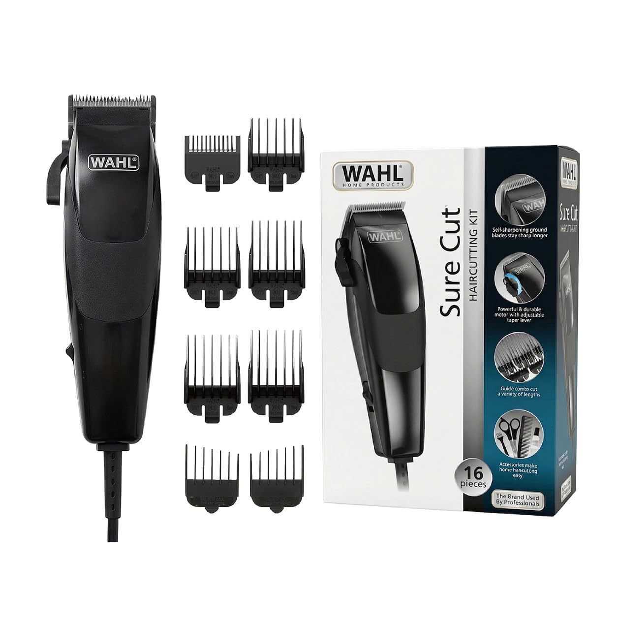 WAHL Hair Clipper for Men | Corded Hair Clipper | Stainless Steel Blade Trimmer | Suitable for Dry Use | Ideal For Men | Perfect for Home Grooming | 16 piece Hair Cutting Kit (79449-227)
