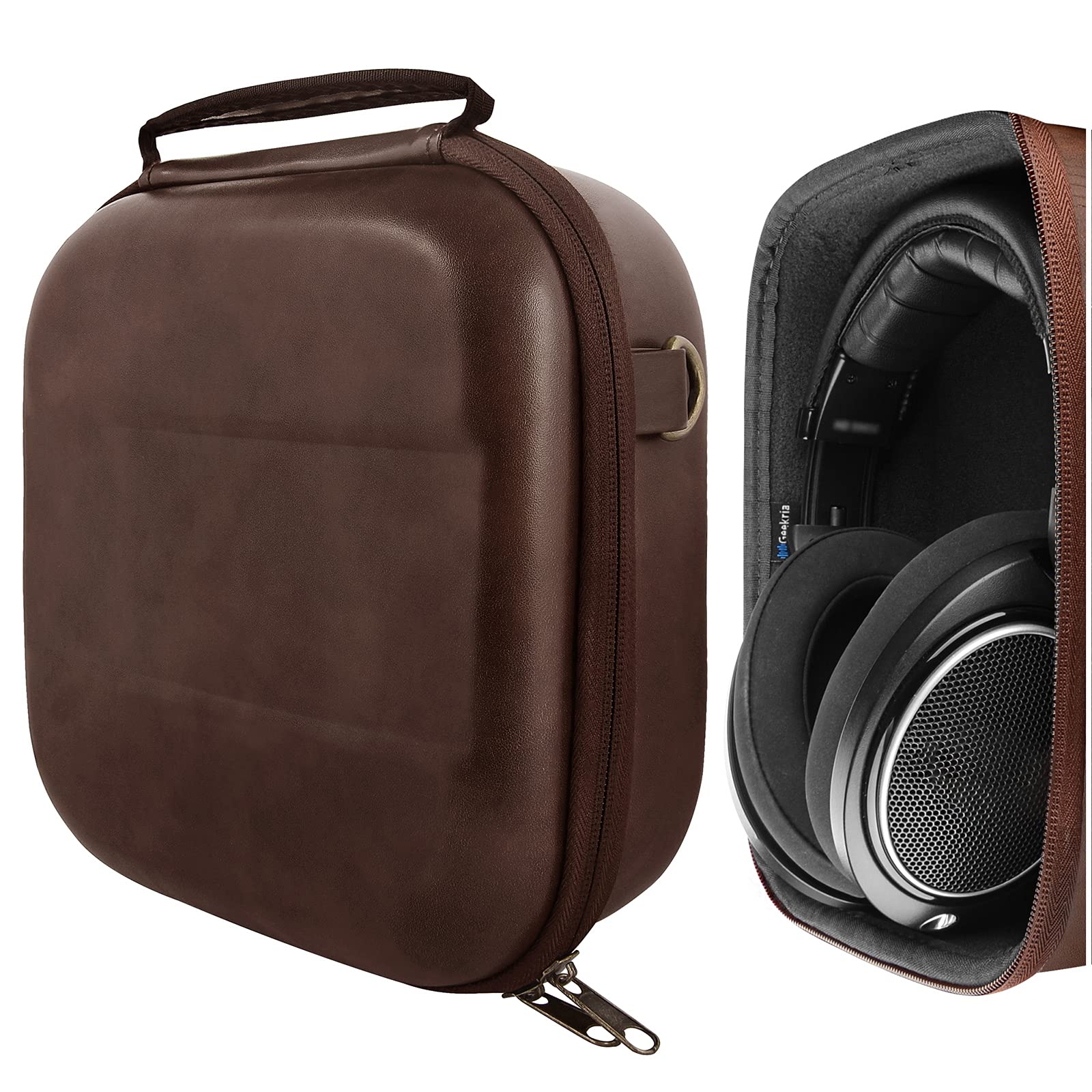 کیس هدفون Geekria Shield مناسب برای Sennheiser HD 550/505/599/598/560S/559/558/555/400 Pro با پوشش سخت جایگزین، کیف حمل مسافرتی با جای قرار دادن کابل (رنگ قهوه‌ای PU) اتیلن وینیل استات (EVA)