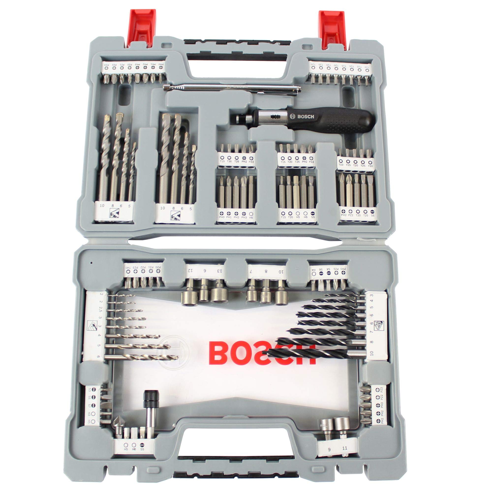 سری بیت چکش و پیچ گوشتى Bosch 105 قطعه (براى چوب، بنا و فلز، شامل پیچ گوشتى راچت، ریل مغناطیسى، لوازم جانبى بیت چکش و پیچ گوشتى) 105 قطعه