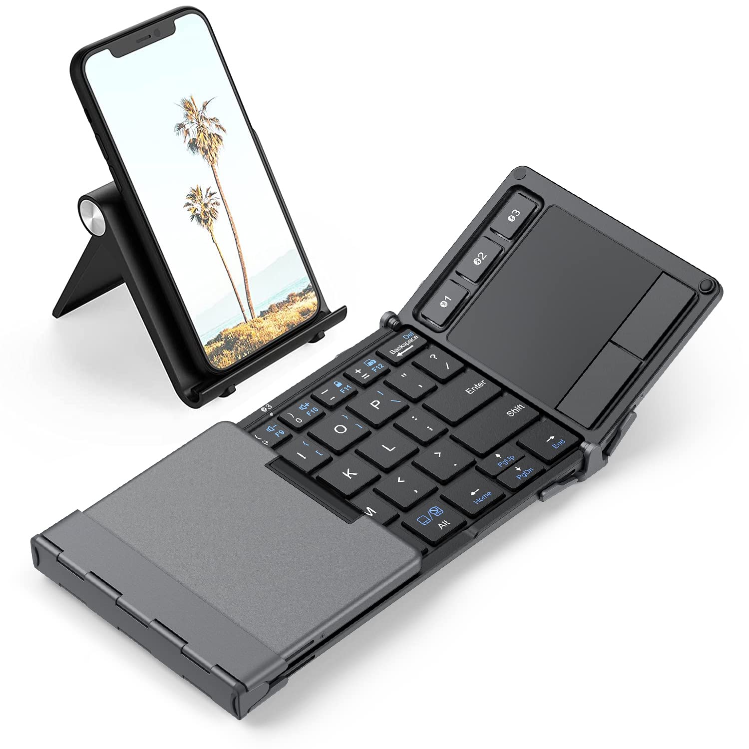 کیبورد بی‌سیم تاشو ای کلور iClever با تاچ‌پد حساس، کیبورد بلوتوث تری-تاشو اندازه جیبی با کیف حمل قابل حمل، پایه آلومینیومی (همگام‌سازی با سه دستگاه)، خاکستری تاریک