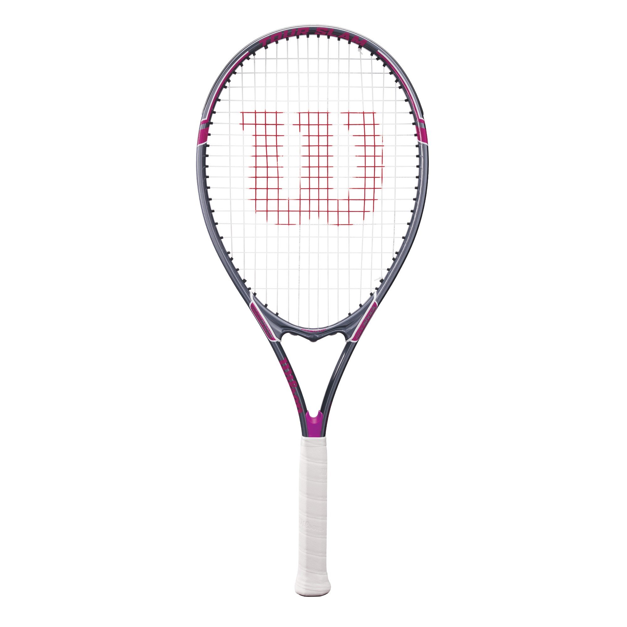 راکت تنیس ویلسون Tour Slam Lite، آلومینیوم، تعادل سر-سبک (دسته-سنگین)، 291 گرم، طول 69.9 سانتی‌متر 4 1/4 اینچ رنگ صورتی/خاکستری
