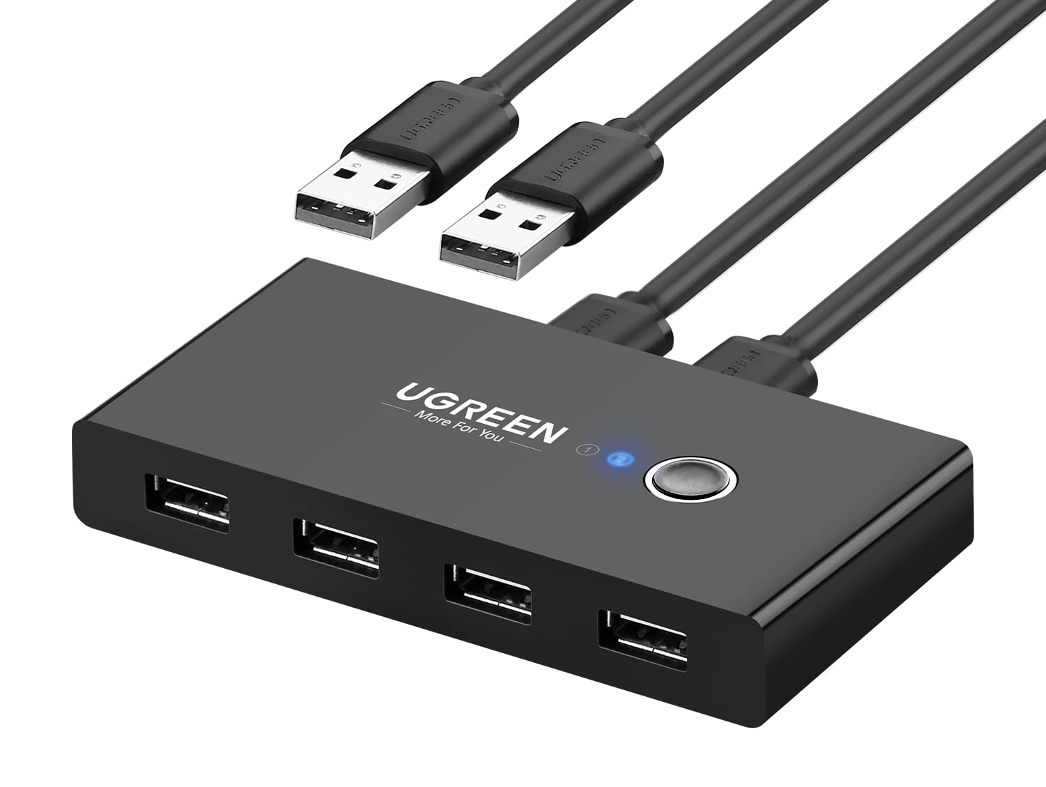 UGREEN USB KVM Switch Selector USB 2.0 Splitter 2 کامپیوتر به اشتراک گذاری 4 دستگاه USB 2 ورودی 4 خروجی باکس هاب برای موس، کیبورد، اسکنر، پرینتر، سوییچر یک دکمه ای، 2 عدد کابل USB از A به A 1.5 متر