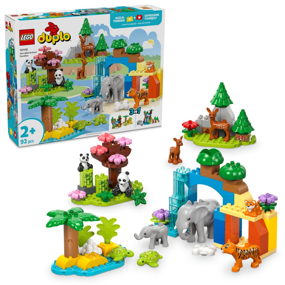 مجموعه خانواده‌های وحشی LEGO DUPLO 3 در 1، اسباب بازی یادگیری مونتسوری کودک با اسباب بازی لاک‌پشت، ببر، فیل، گوزن و پاندا برای دختران و پسران بالای 2 ساله