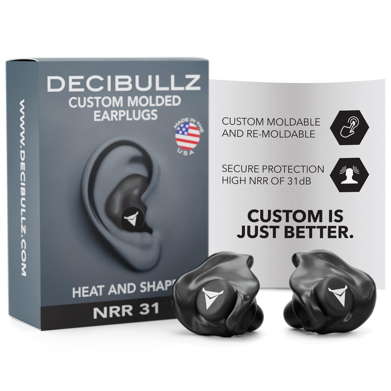 Decibullz - سرپوش گوش سفارشی شکل‌دهی شده، بالاترین NRR 31dB، حفاظت راحت برای شلیک، سفر، شنا، کار و کنسرت‌ها (سیاه)