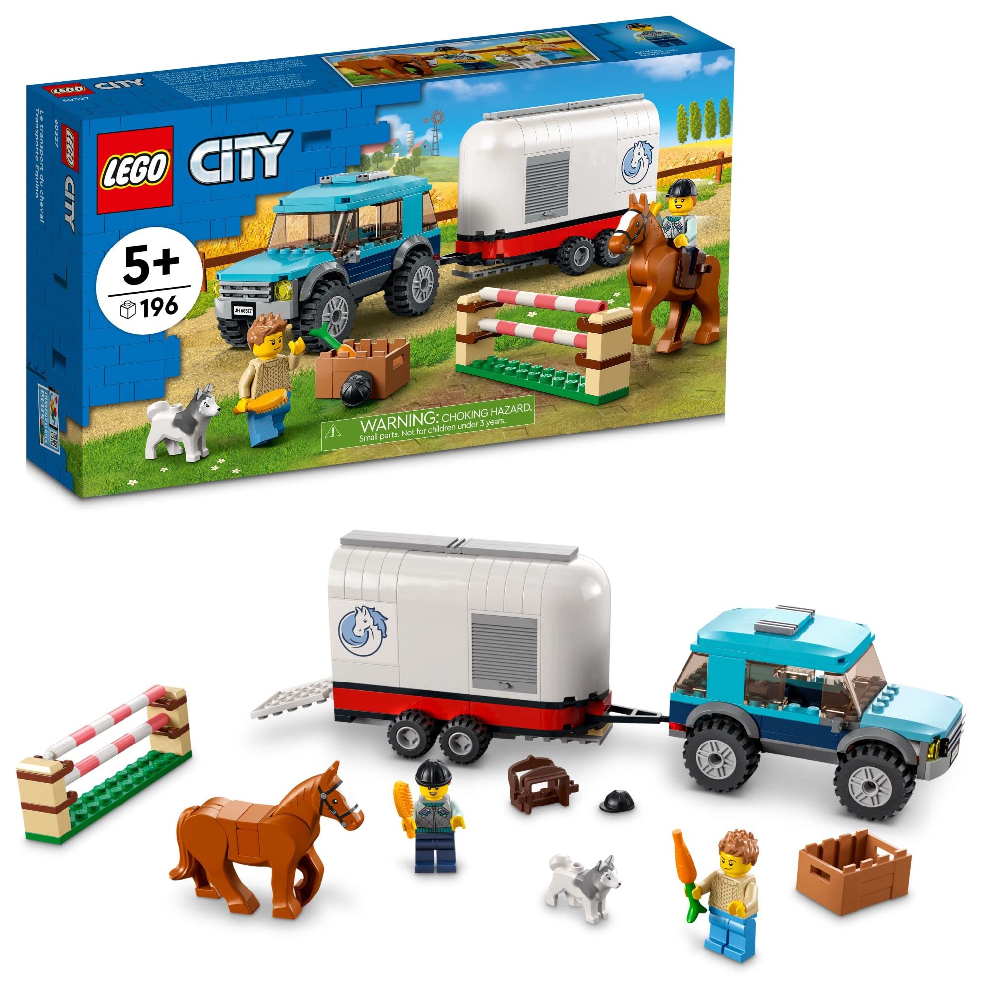مجموعه LEGO 60327 شهر وسایل حمل و نقل بزرگ بازی اسب، با اتومبیل SUV، تریلر، اسب و پرش، هدایایی برای کودکان، پسران و دختران 5 سال به بالا