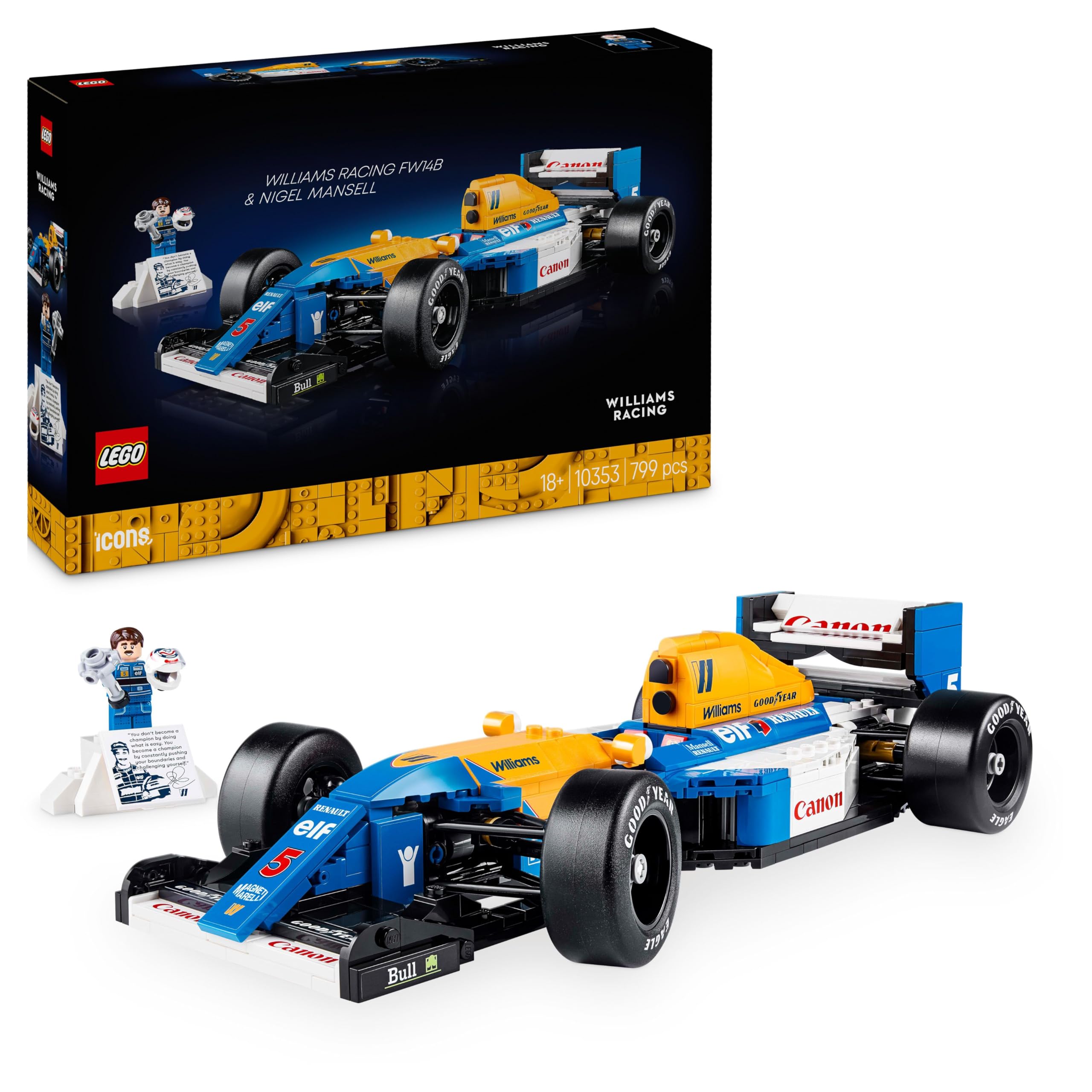 مجسمه خودرو مدل LEGO Icons Williams Racing FW14B و Nigel Mansell برای بزرگسالان، همراه با مینی فیگور راننده قابل مجموعه‌بندی، جایزه و پایه نمایش - ایده هدیه برای مردان، زنان و طرفداران نوجوان موتوراسپرت