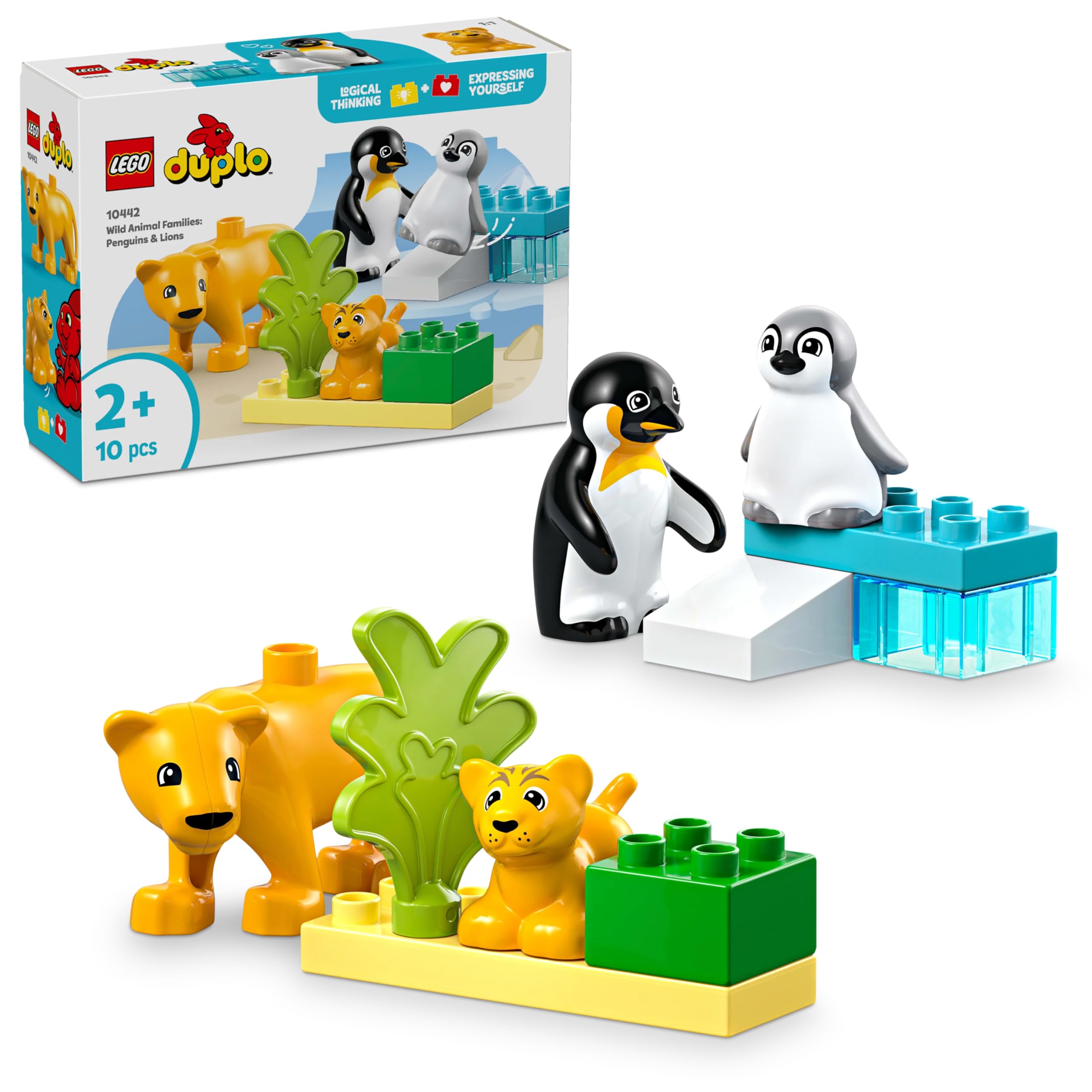 مجموعه ساختنی LEGO DUPLO خانواده‌های حیوانات وحشی: پنگوئن‌ها و شیرها، اسباب‌بازی آموزشی مونته‌سوری برای دختران و پسران 2 سال به بالا، مجموعه ساختنی که بازی خلاقانه را تحریک می‌کند و کمک به توسعه مهارت‌های حرکتی دقیق می‌کند 10442