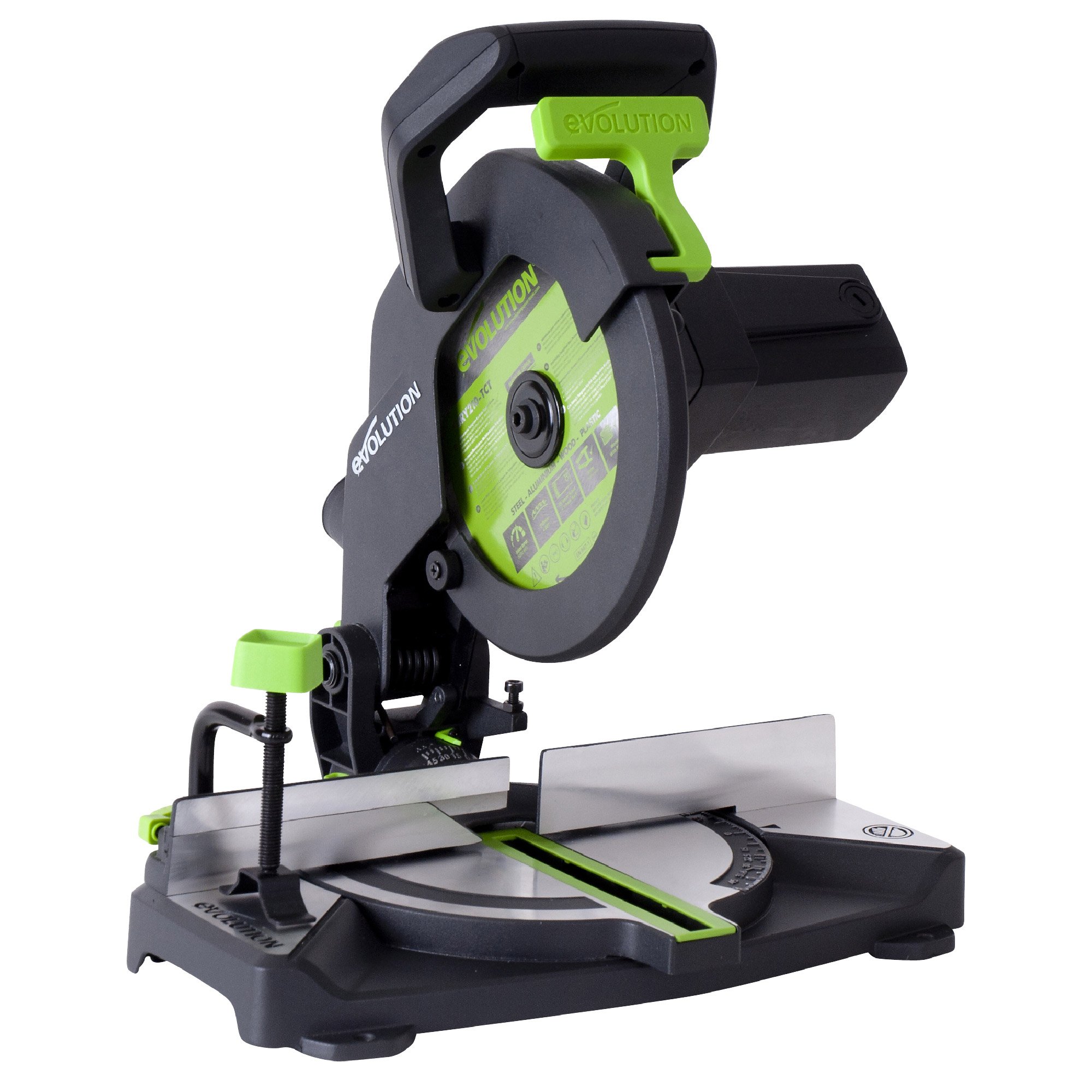 Translate., Evolution Power Tools F210CMS Compound Mitre Saw with Multi-Material Multi-Purpose Cutting, Cuts Wood, Metal, Plastic & More, TCT Blade Included, Compact & Powerful (1200 W, 230V, 210 mm) F210-CMS