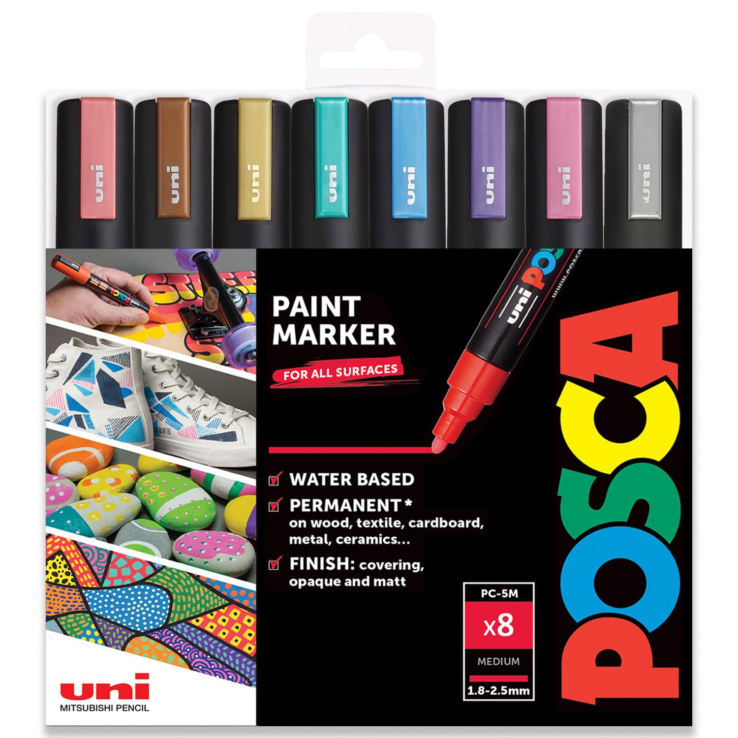 رنگ‌آمیزی POSCA - ست ۸ تایی فلزی PC-5M - در جعبه هدیه سیاه/سفید