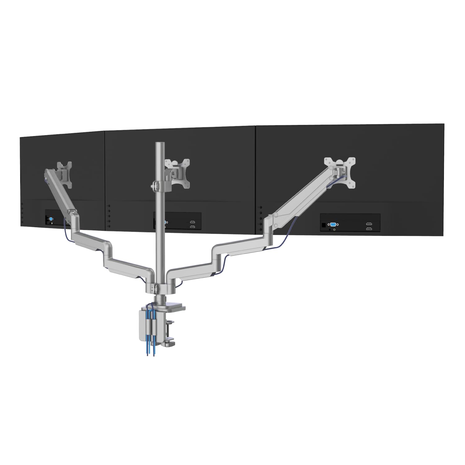محصول Mount-It! Triple Monitor Mount | قابلیت چرخش سه مانیتور | دارای پورت USB و پورت صدا | دارای سه بازوی قابل تنظیم ارتفاع با چرخش گازی ضد موازنه برای سه صفحه نمایش VESA به ابعاد 24، 27، 30، 32 اینچ | منبع متصل کننده C-Clamp و Grommet ارائه شده است