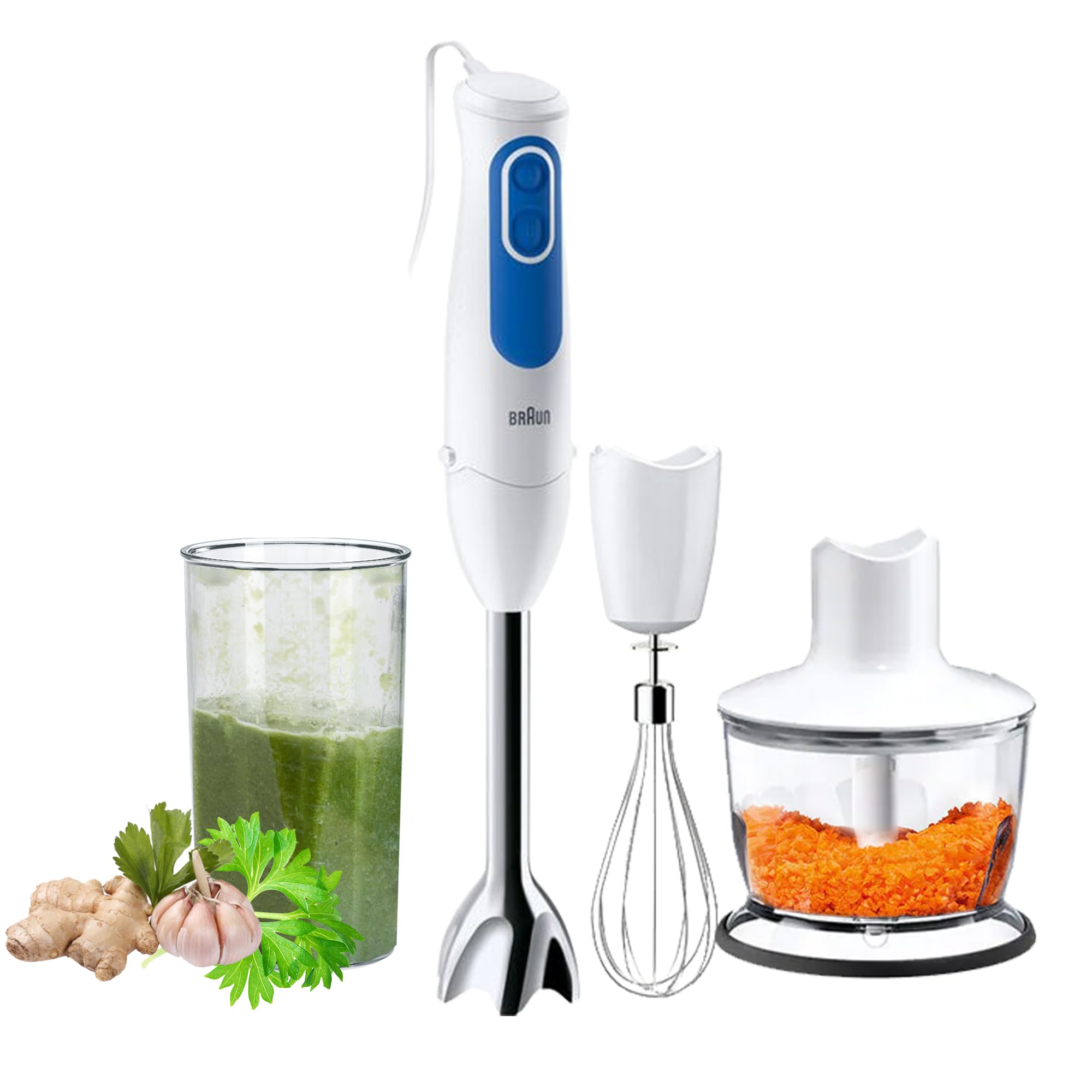 مخلوط‌کن دستی Braun MultiQuick 3 با قدرت 700 وات همراه با فنجان 600 میلی‌لیتری آزاد از BPA، چاقوی 500 میلی‌لیتری، زنده زدن، دو سرعته، فناوری SplashControl و PowerBell Plus MQ 3035 سس سفید "ضمانت تولید کننده حداقل 1 ساله" جدید - فلز 4 در 1