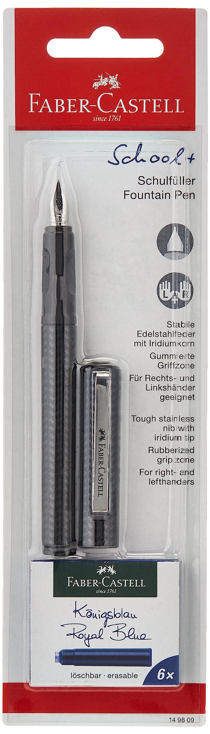 قلم خودکار Faber-Castell با طراحی کربن نوک متوسط + 6 کارتریج جوهر آبی، مدل SCHOOL+, 149809 آبی 7 عدد (بسته‌ای حاوی 1 عدد)