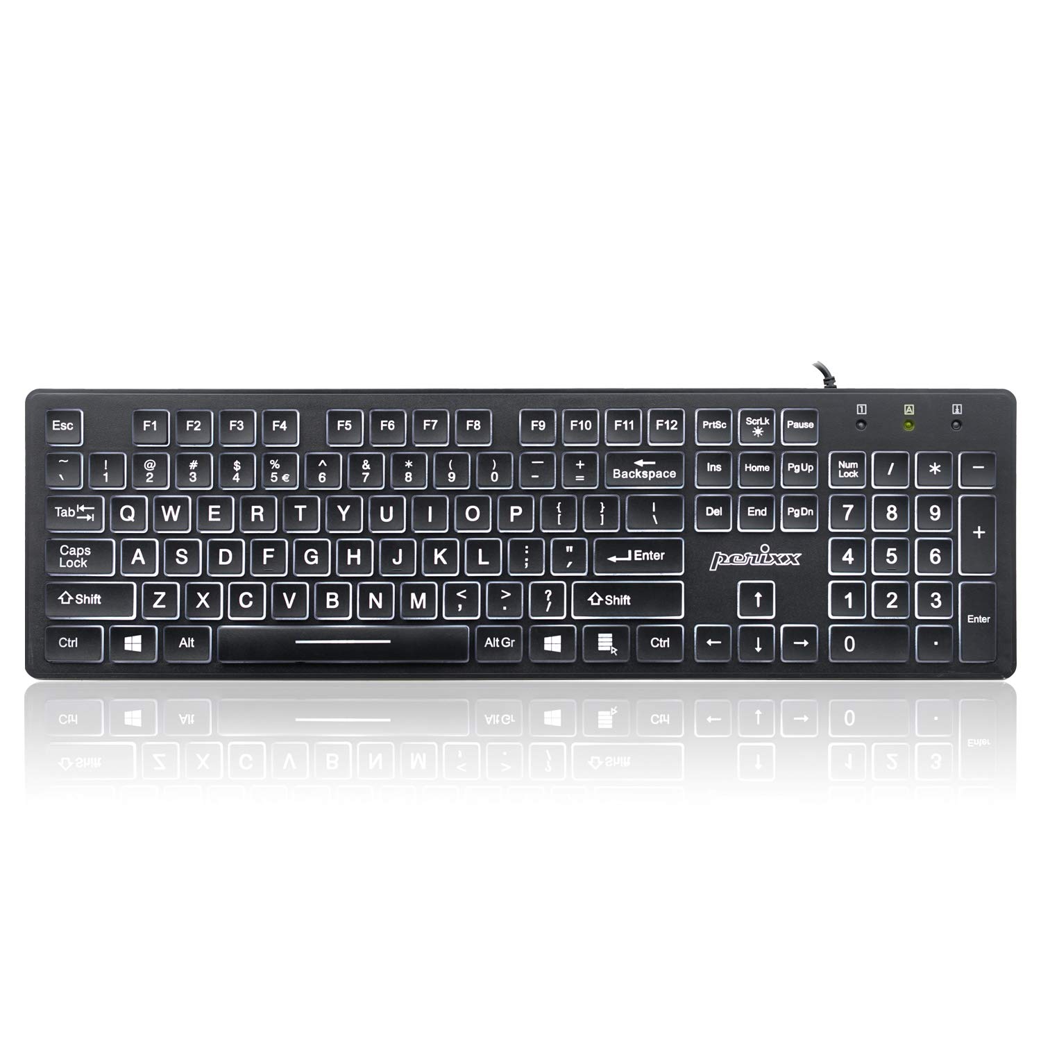 پریکس PERIBOARD-317 کیبورد سیمی با نور پس‌زمینه USB، حروف بزرگ با نور پس زمینه LED سفید، طرح انگلیسی ایالات متحده