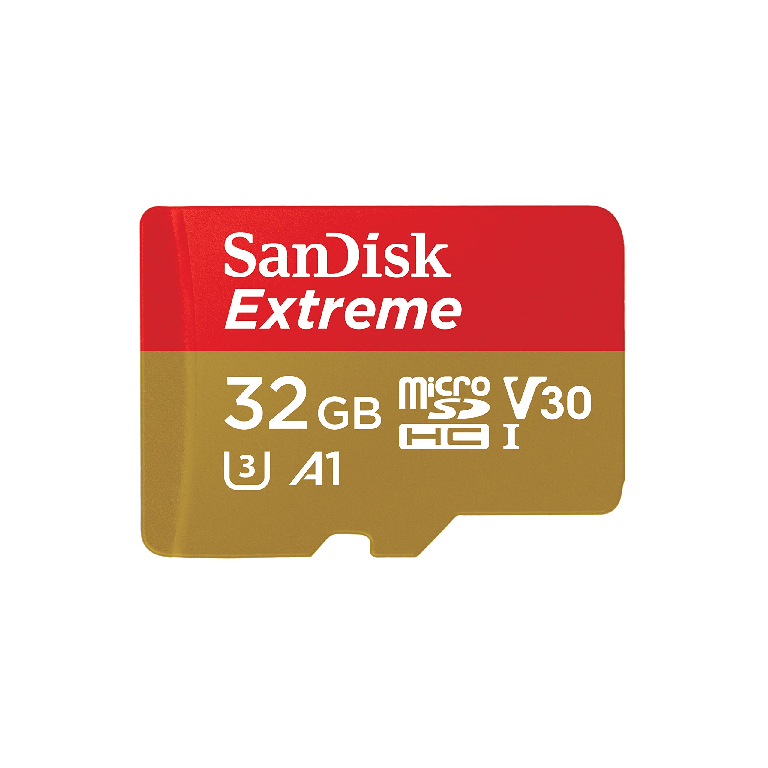 کارت حافظه SanDisk Extreme 32 گیگابایت microSDHC، آداپتور SD با عملکرد اپلیکیشن A1، Rescue Pro Deluxe، تا 100 مگابایت بر ثانیه، کلاس 10، UHS-I، U3، V30، رنگ قرمز/طلایی تنها کارت حافظه 32 گیگابایت