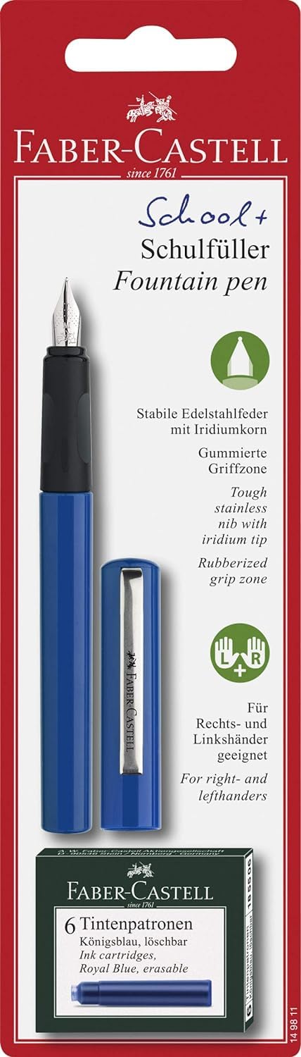 قلم خودکار Faber-Castell با نوک متوسط آبی + 6 کارتریج جوهر، مدل School+، F149811 تکی