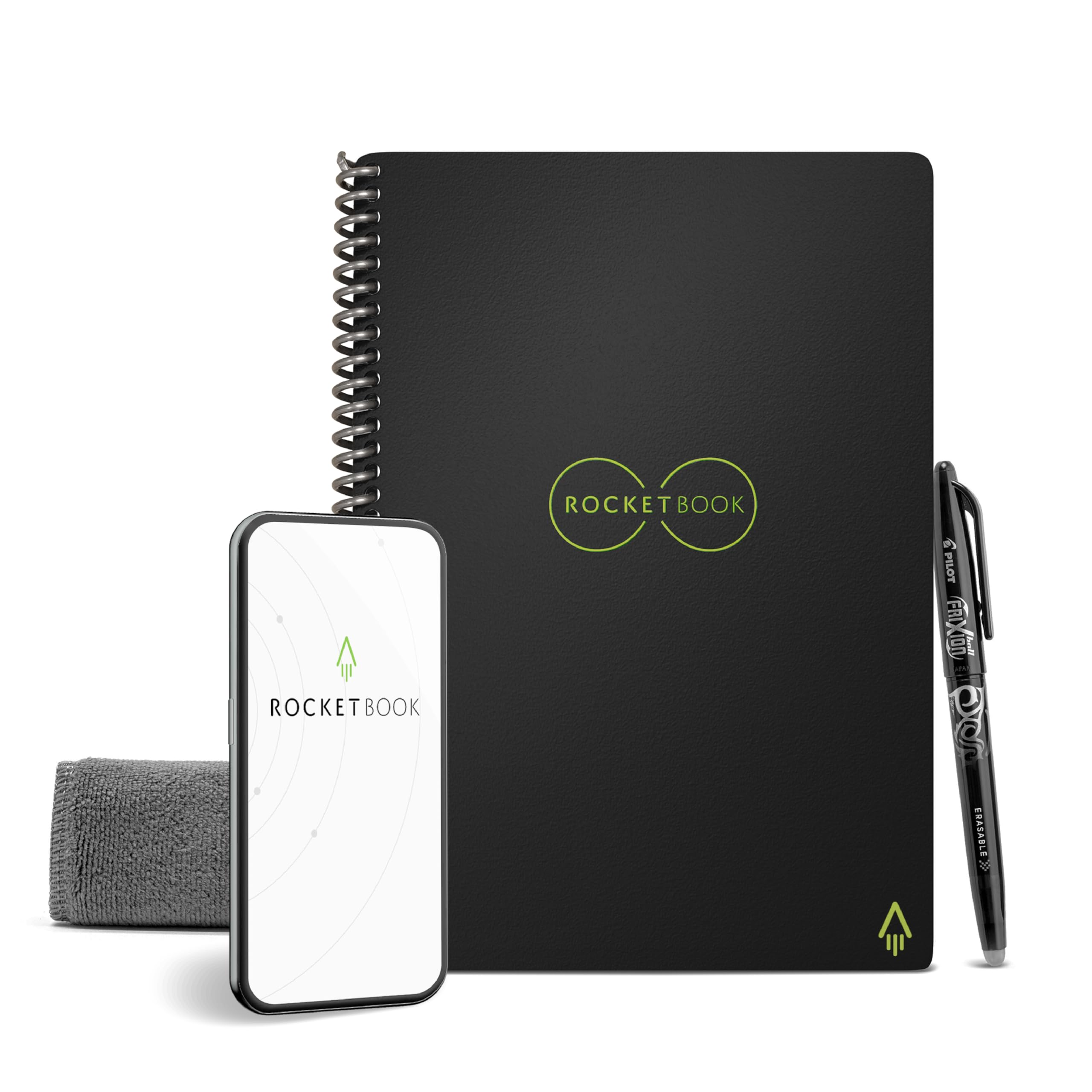 دفتر خمیری هوشمند Rocketbook - دفتر خمیری دوت-گرید سبز محیط زیست با 1 قلم Pilot Frixion و 1 پارچه میکروفایبر - کاور سیاه بی نهایت, سایز اجرایی (15.2 سانتی‌متر * 22.4 سانتی‌متر)