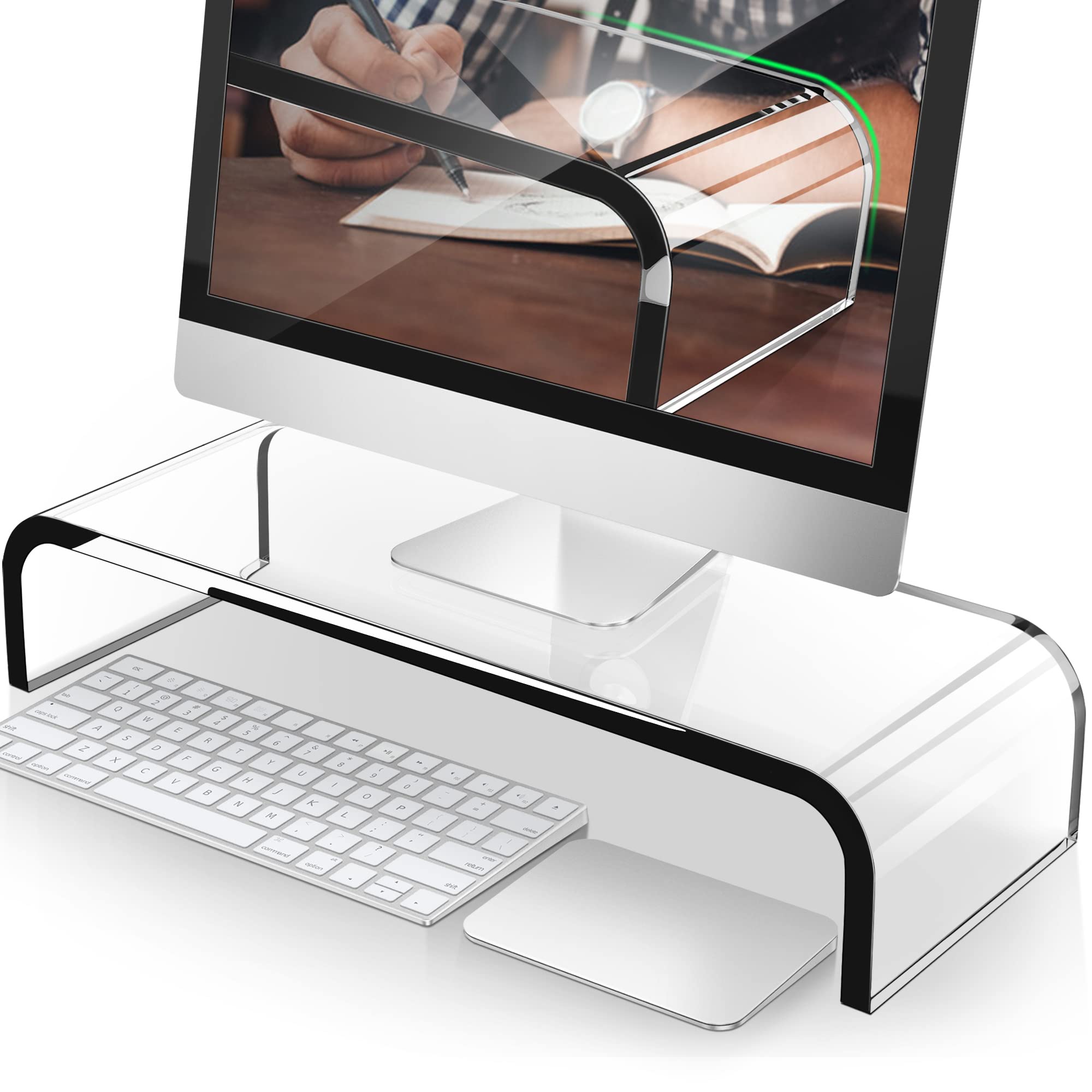 پایه مانیتور اکریلیکی PREMIUM AboveTEK، ارتقاء سایز شخصی مانیتور/ پایه کامپیوتر برای خانه و دفتر کار با پلتفرم محکم، پایه میز کامپیوتر برای ذخیره کیبورد و چندرسانه‌ای لپتاپ پرینتر تلویزیون مستطیلی