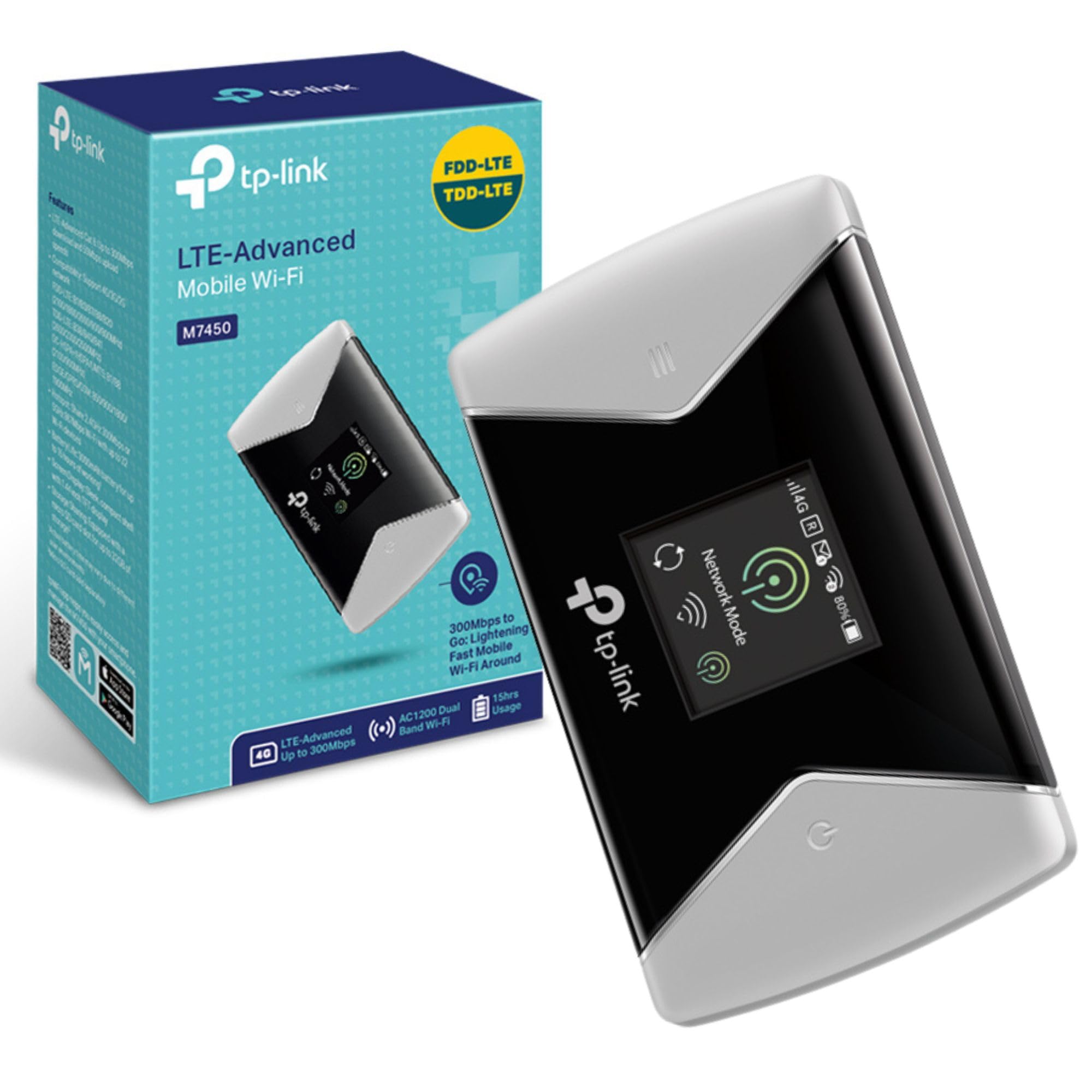 TP-Link M7450 4G+ MiFi، وای-فای قابل حمل مسافرتی، شیار کارت حافظه SD، مودم همراه LTE-Advanced Cat6 آنلاک شده، Wi-Fi همراه کاروان (اشتراک وای-فای دو باند با تا ۳۲ دستگاه، مدیریت آسان نرم‌افزار tpMiFi) 1200Mbps Wi-Fi موبایل، Cat6 LTE، صفحه‌نمایش LED، جدید