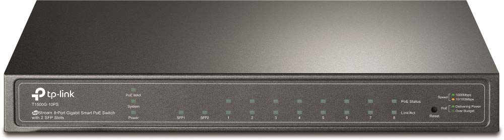 سوییچ مدیریتی پورت گیگابیت تی پی-لینک T1500G-10PS (TL-SG2210P) با 8 پورت (8 پورت PoE، 2 پورت SFP، Desktop)