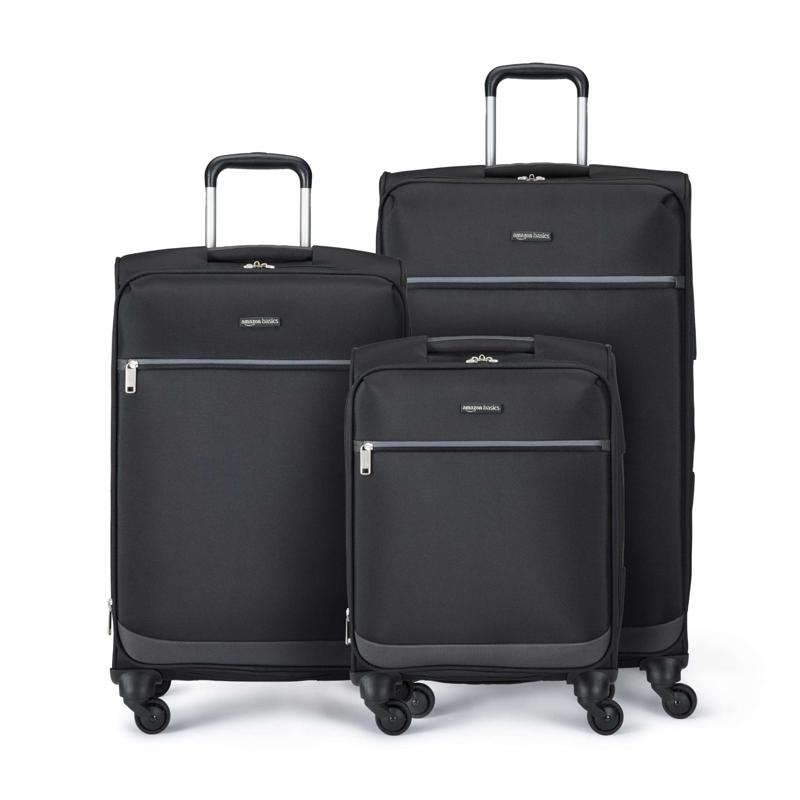 سفرهای برند امازون Softside Carry-On Spinner و کیف سفر - دستگیره های قابل کشو، مجموعه 3 قطعه ای (21 اینچ / 25 اینچ / 30 اینچ)، سیاه سیاه 21 اینچ / 25 اینچ / 30 اینچ