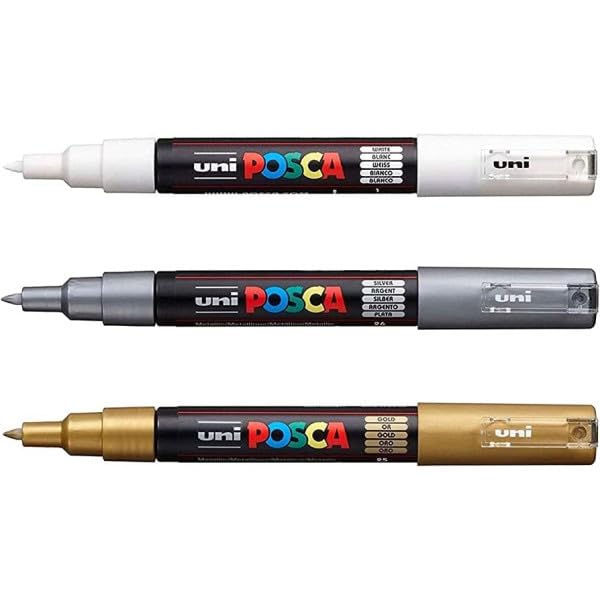 مداد هنری پوسکا PC-1M - مداد نقاشی روی پارچه، شیشه، فلز - مجموعه‌ای از سفید + طلایی + نقره‌ای (۱ عدد از هر کدام)