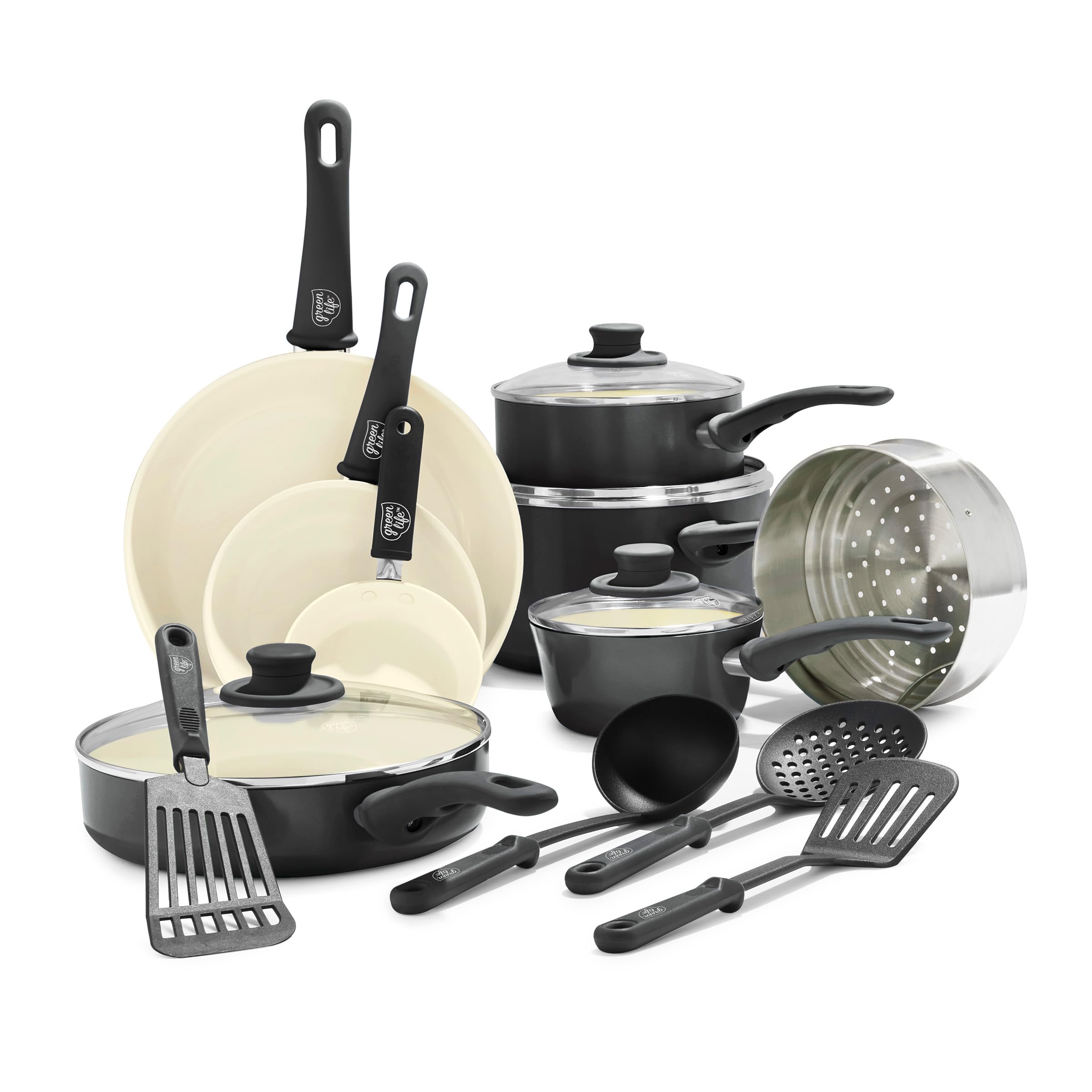 مجموعه ظروف و ظرفهای GreenLife Soft Grip Healthy Ceramic Nonstick، 16 تکه، رنگ‌های مشکی و کرم

مجموعه ظروف و ظرفهای 16 تکه رنگ مشکی و کرم