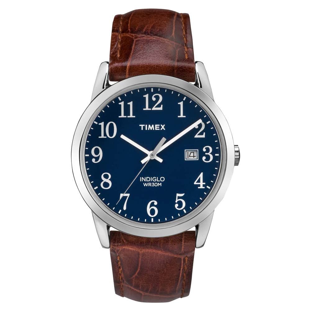 ساعت Timex Easy Reader با قطر ۳۸ میلیمتر بنیادی، رنگ قهوه‌ای کروکو/نقره‌ای/آبی