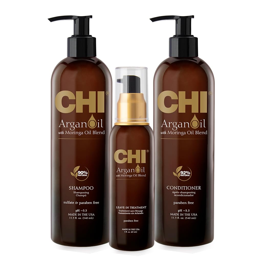 مجموعه لوکس تریو کیت روغن آرگان CHI به همراه روغن مورینگا شامپو، کاندیشنر و روغن مورینگا (مجموعه ۳ عددی)، ۱۱ اونس