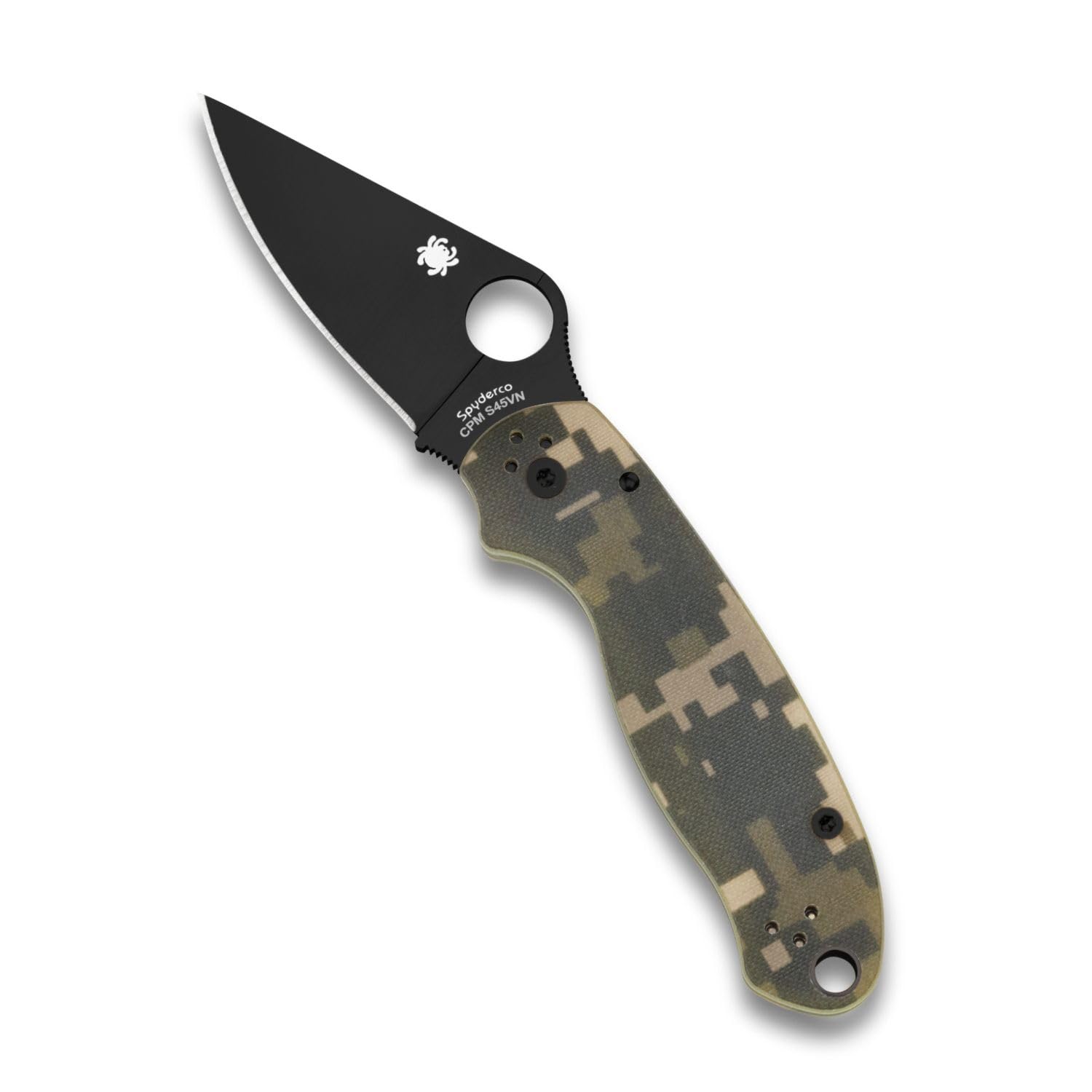 چاقوی جیب ابزار تاشو امضایی از نوع Spyderco Para 3 Camo با تیغه سیاه CPM S45VN به طول 2.95 اینچ و دسته G-10 - مناسب حمل روزانه - تیغه‌ی لبه مرتب - مدل C223GPCMOBK