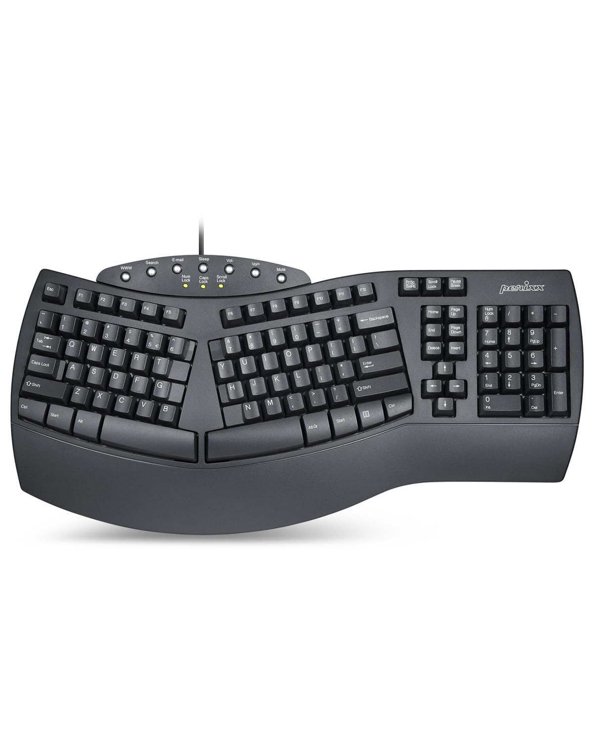 صحافی حلقه‌ای Perixx Periboard-512 - طراحی طبیعی ارگونومیک - سیاه - اندازه بزرگ 19.09"x9.29"x1.73"، طرح انگلیسی ایالات متحده
