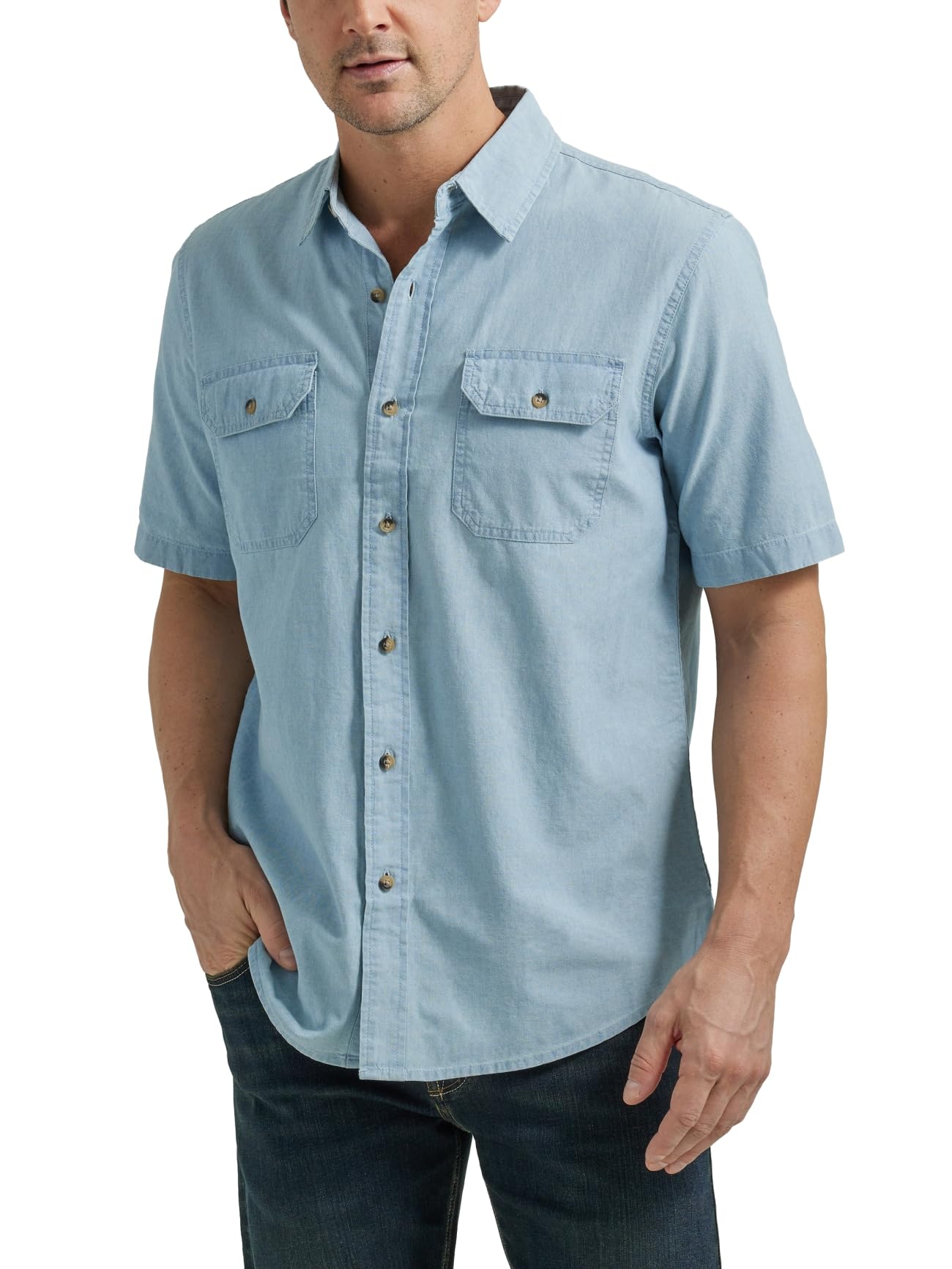 پیراهن بافتنی کلاسیک آقایان Wrangler Authentics با آستین کوتاه XL رنگ Light Chambray
