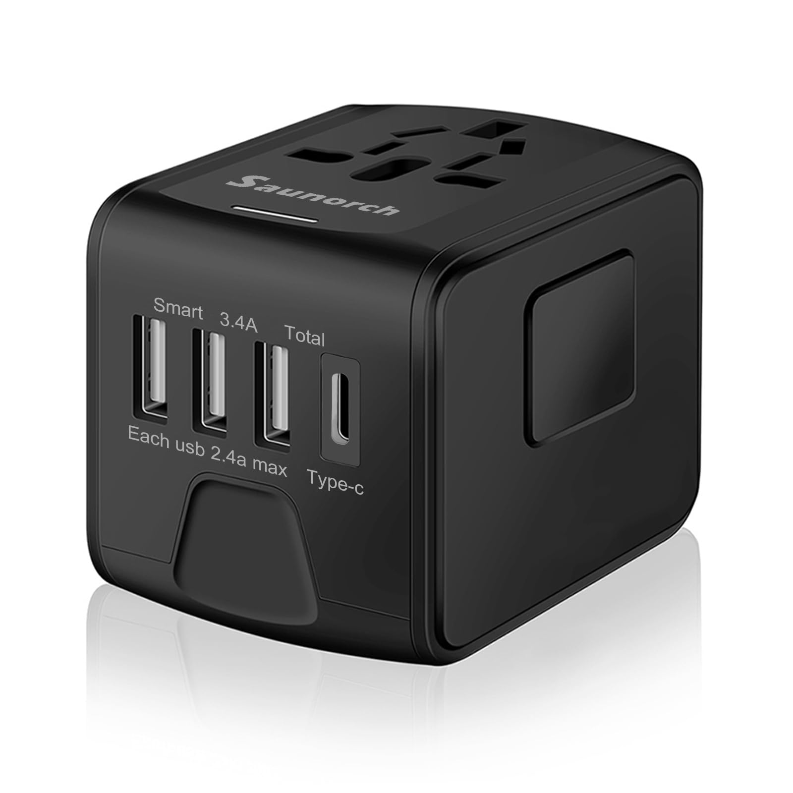 آداپتور برق سفر بین‌المللی یونیورسال SAUNORCH با پورت USB-A سریع 2.4A، شارژر دیواری USB-C 3.0A، آداپتور اروپا، پلاگ‌های پریز AC جهانی برای اروپا، بریتانیا، ایالات متحده، استرالیا، آسیا - سیاه