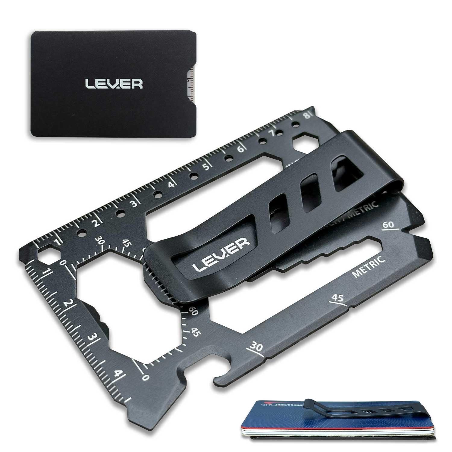 کارت ابزار Lever Gear Toolcard Pro با کلیپ پول - 40 در 1 ابزار چندمنظوره کارت اعتباری. کارت کیف پول استیل ضد زنگ زیبا و حداقلی و کلیپ پول - مشکی