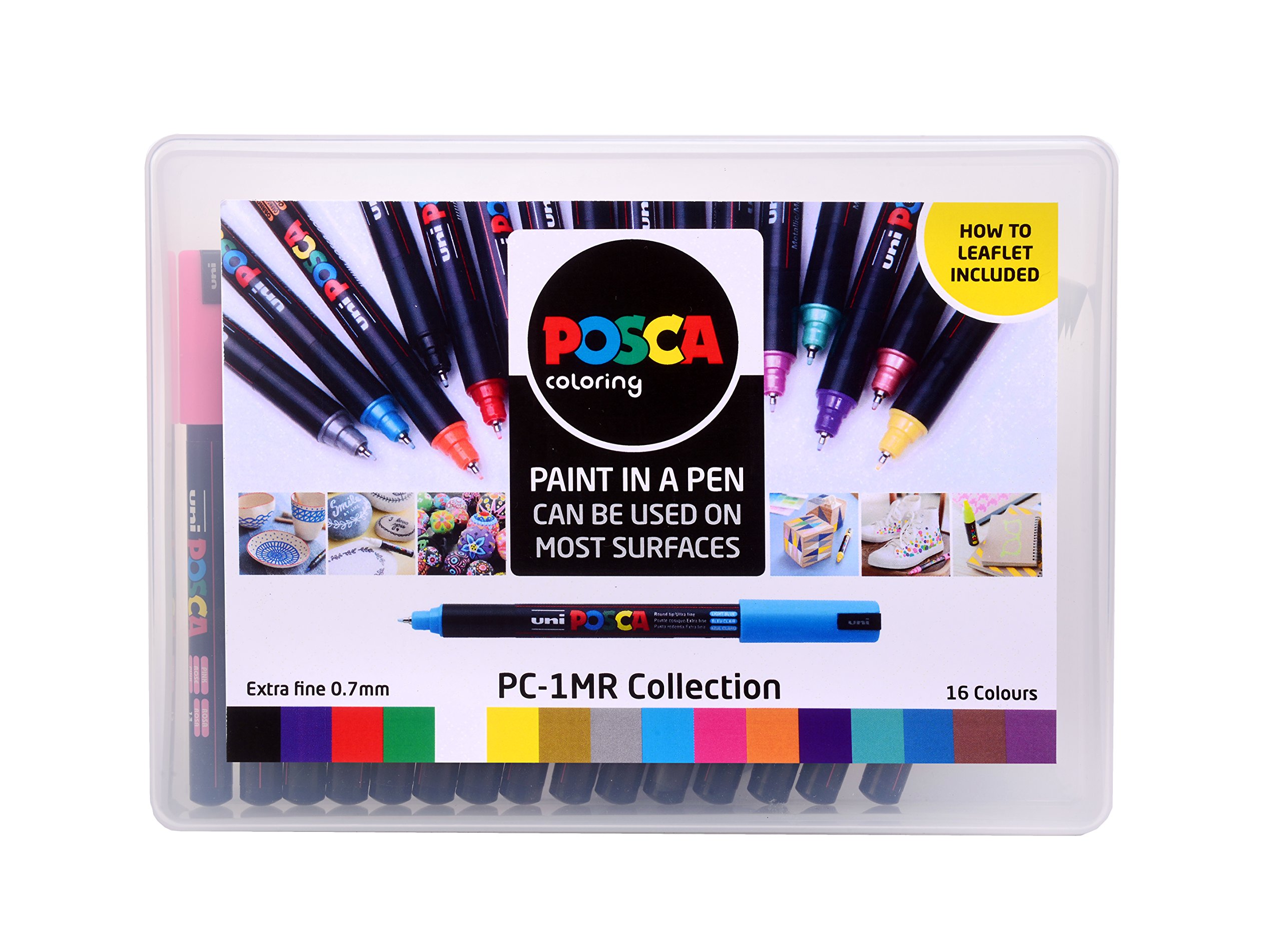 نقاشي شل، نقاشی از طریق مداد رنگی مارکر دائمی بر پایه آب POSCA PC-1MR. نوک بسیار نازک برای هنر و صنایع دستی. استفاده چندسطحی روی چوب، فلز، کاغذ، کانون، کارتن، شیشه، پارچه، سرامیک، سنگ، و سنگ معدنی. مجموعه ۱۶ عددی