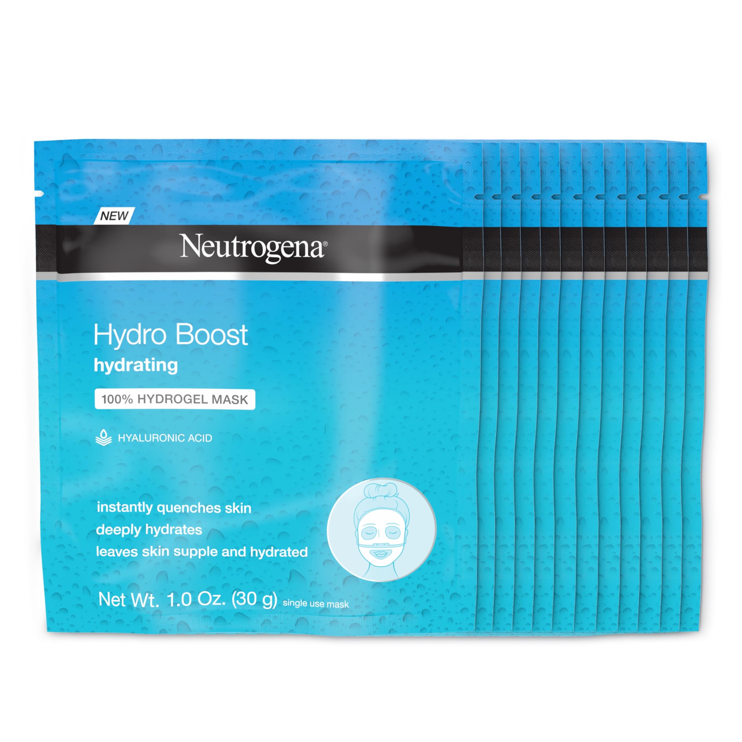 Neutrogena مرطوب کننده و هیدراته کننده ماسک صورت هیدرو گل با اسید هیالورونیک ۱ اونس، بسته ۱۲ عددی