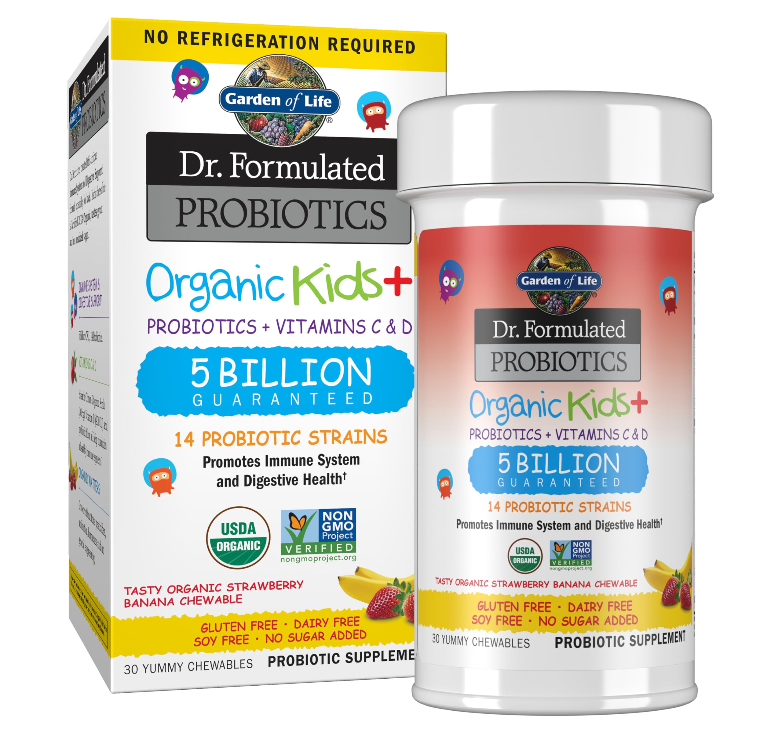 گلچین زندگی، probiotics منسوب به دکتر فرموله شده برای کودکان ارگانیک، probiotics + ویتامین C و D، 5 میلیارد، طعم توت فرنگی و موز ارگانیک، 30 عدد کبسول لذیذ