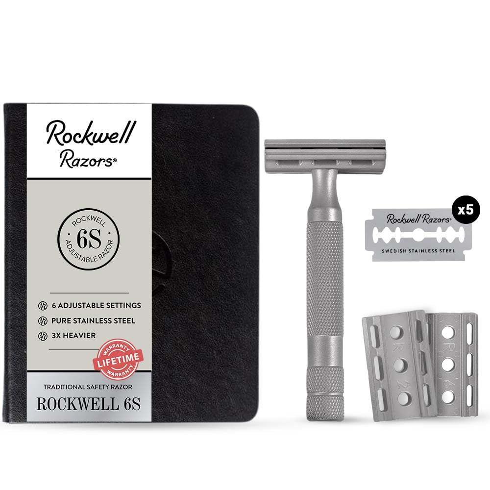 ROCKWELL RAZORS 6S استیل ضد زنگ تیغ ایمنی دو لبه با 6 تنظیم شیو و 5 تیغه، مجموعه 8 قطعه، نقره ای