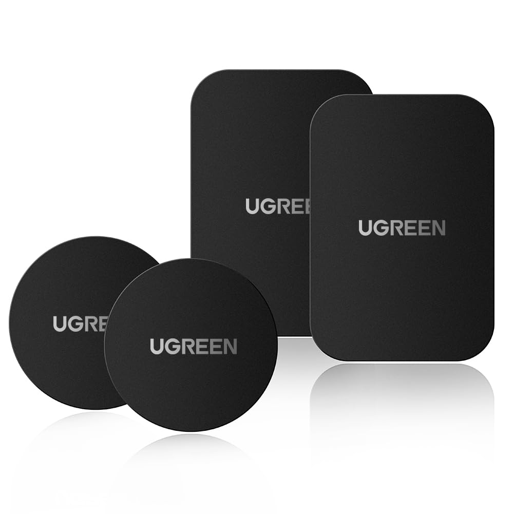 پلاک فلزی UGREEN Metal Patch Sticker (4 بسته) ، کیت تبدیل کننده یونیورسال نازک برای مورد گوشی Fit for iPhone 16/15/14/13/12/11/X Series ، Samsung S25/24/23/22/21/20 ، سیاه 2 دایره ای 2 مستطیل 4* مغناطیسی سیاه