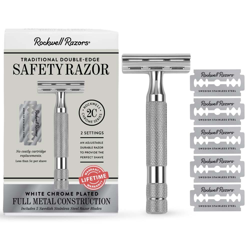 ROCKWELL RAZORS (2C سفید کروم) - 2C چاقوی ایمن دو حالته قابل تنظیم در کروم سفید + 5 تیغه از فولاد ضد زنگ سوئدی