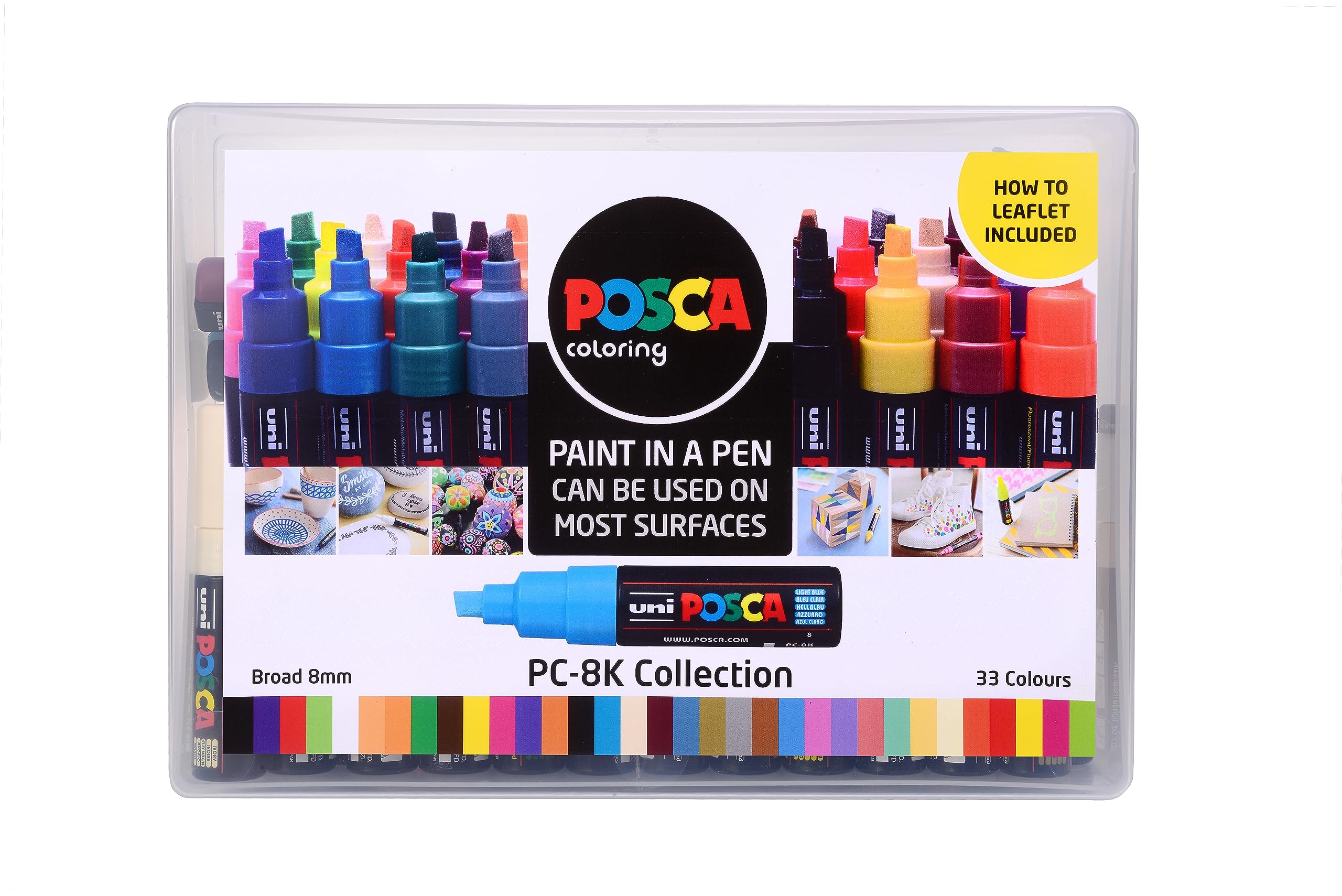 نوک فشاری 8 میلی‌متری POSCA 153544870 با نوک تخت اکریلیک و جوهر آبی - رنگ‌های متنوع (بسته ۳۳ عددی)
