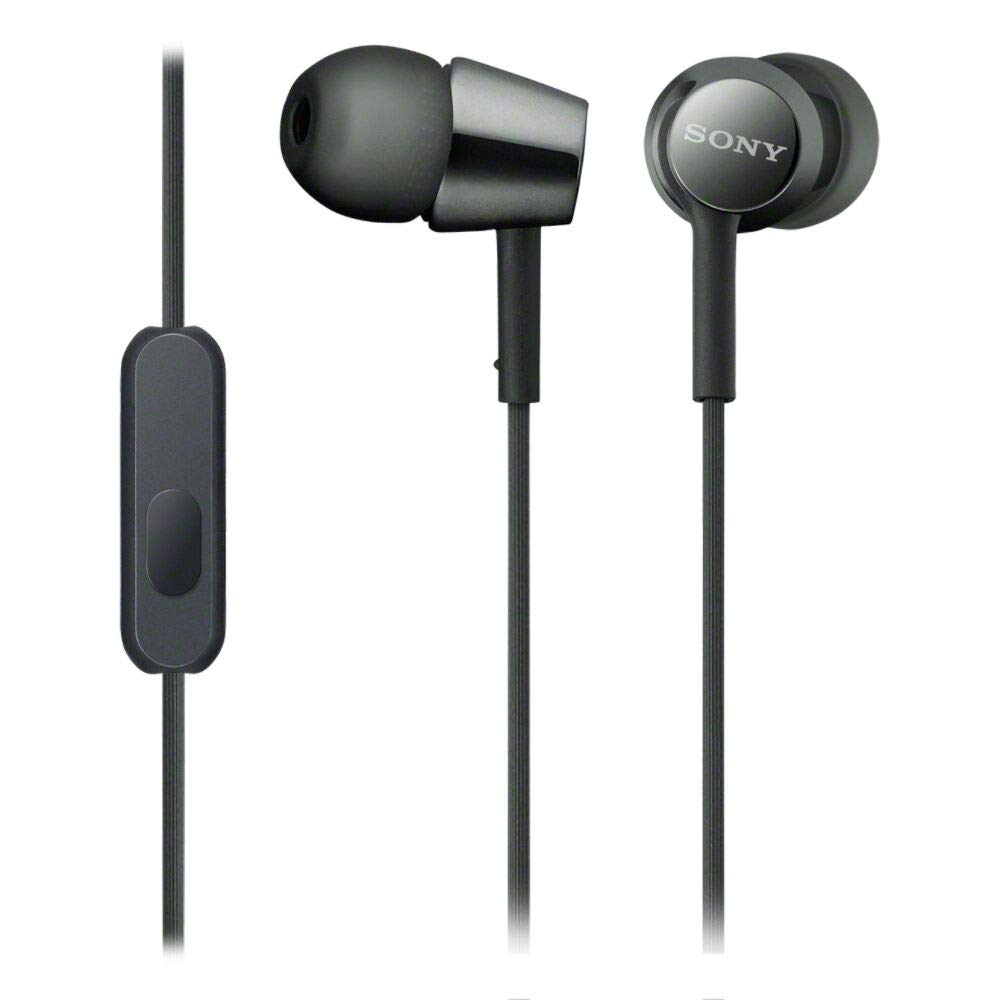 هدفون باسیم در گوش سونی MDR-EX155AP با کابل ضد گره، پین Mini-jack 3.5 میلی‌متری، میکروفون هدفون برای تماس‌های تلفن همراه - مدل مشکی، MDREX155AP/B، ابعاد 17.3 در 4 سانتی‌متر