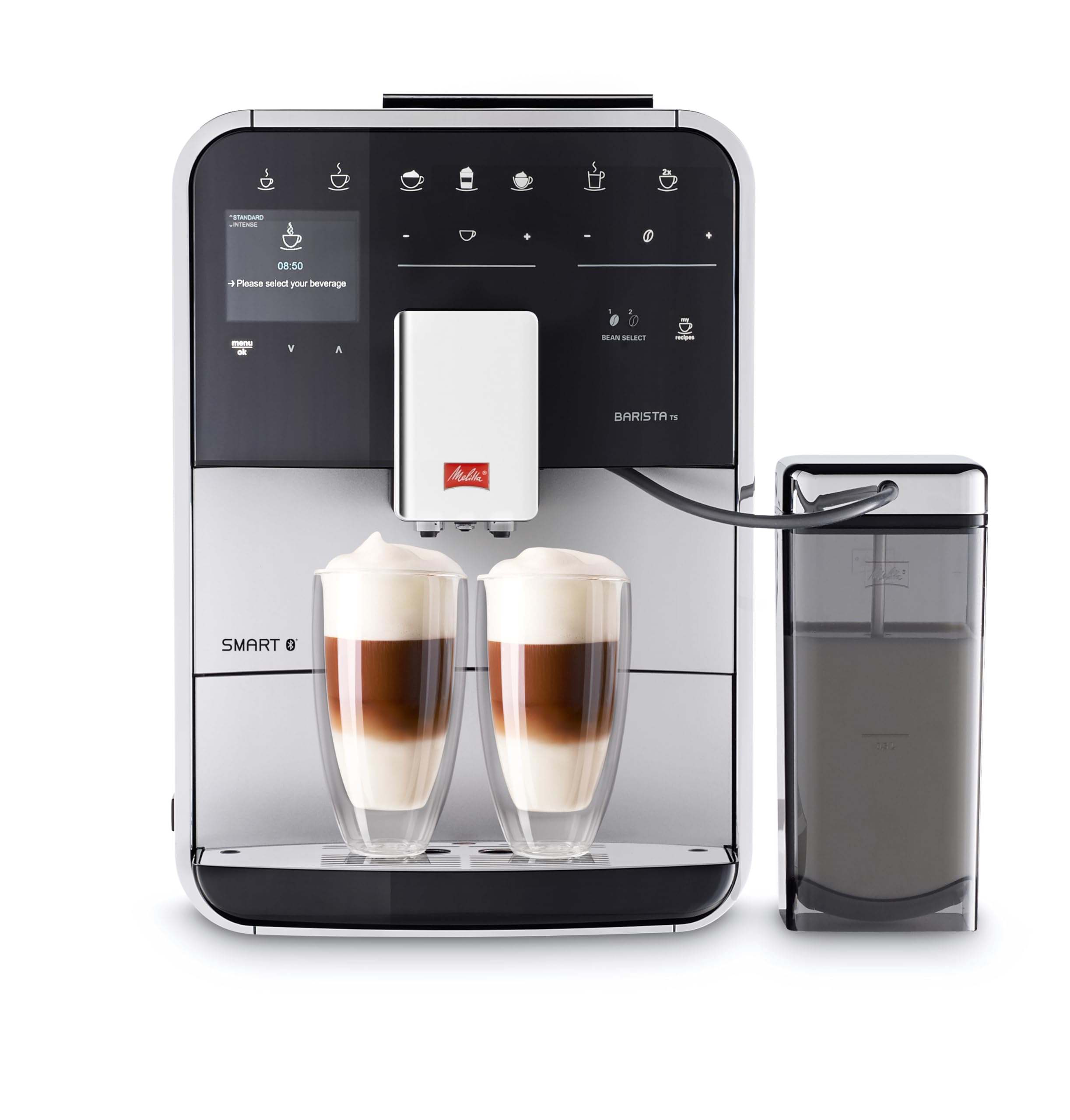 ماشین قهوه Melitta Barista TS Smart F85/0-101، با جوش کردن از دانه تا لیوان، امکان اتصال از طریق بلوتوث، اپلیکیشن Melitta Connect، آسیاب ویسپر (مارک سکوت)، نقره ای