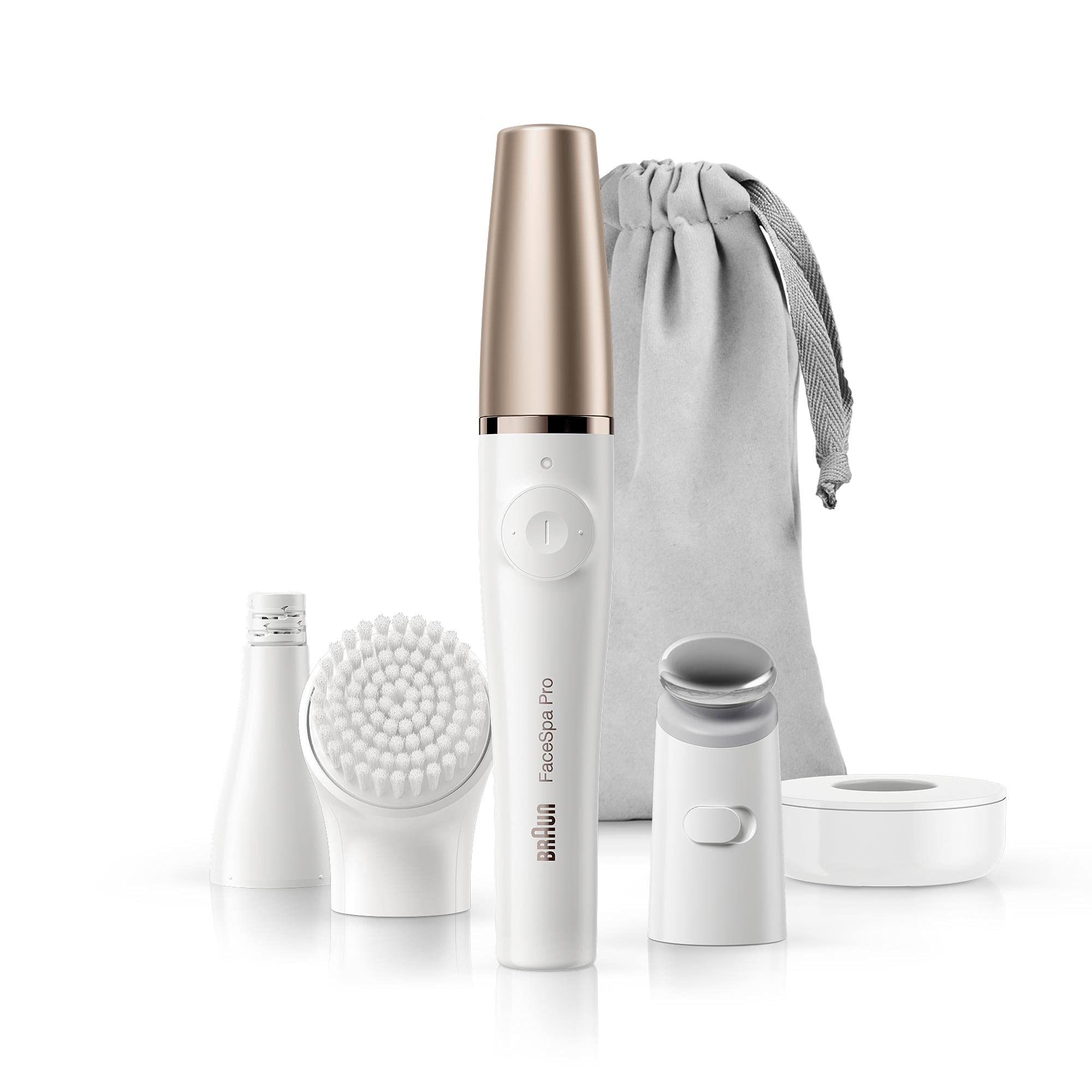 جاپک بران FaceSpa Pro 911 اپیلاتور صورت 3 در 1 سیستم پاکسازی و تقویت پوست صورت برای زیبایی سالن در خانه با 3 قطعه اضافی استفاده بی‌سیم، قابل شارژ - نسخه بین‌المللی - رنگ سفید/برنز